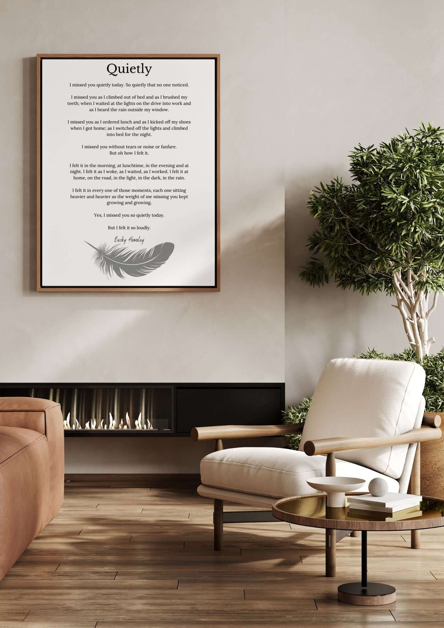 Quietly Becky Hemsley Poem Print wall art in elegant living room setting with minimalist decor.