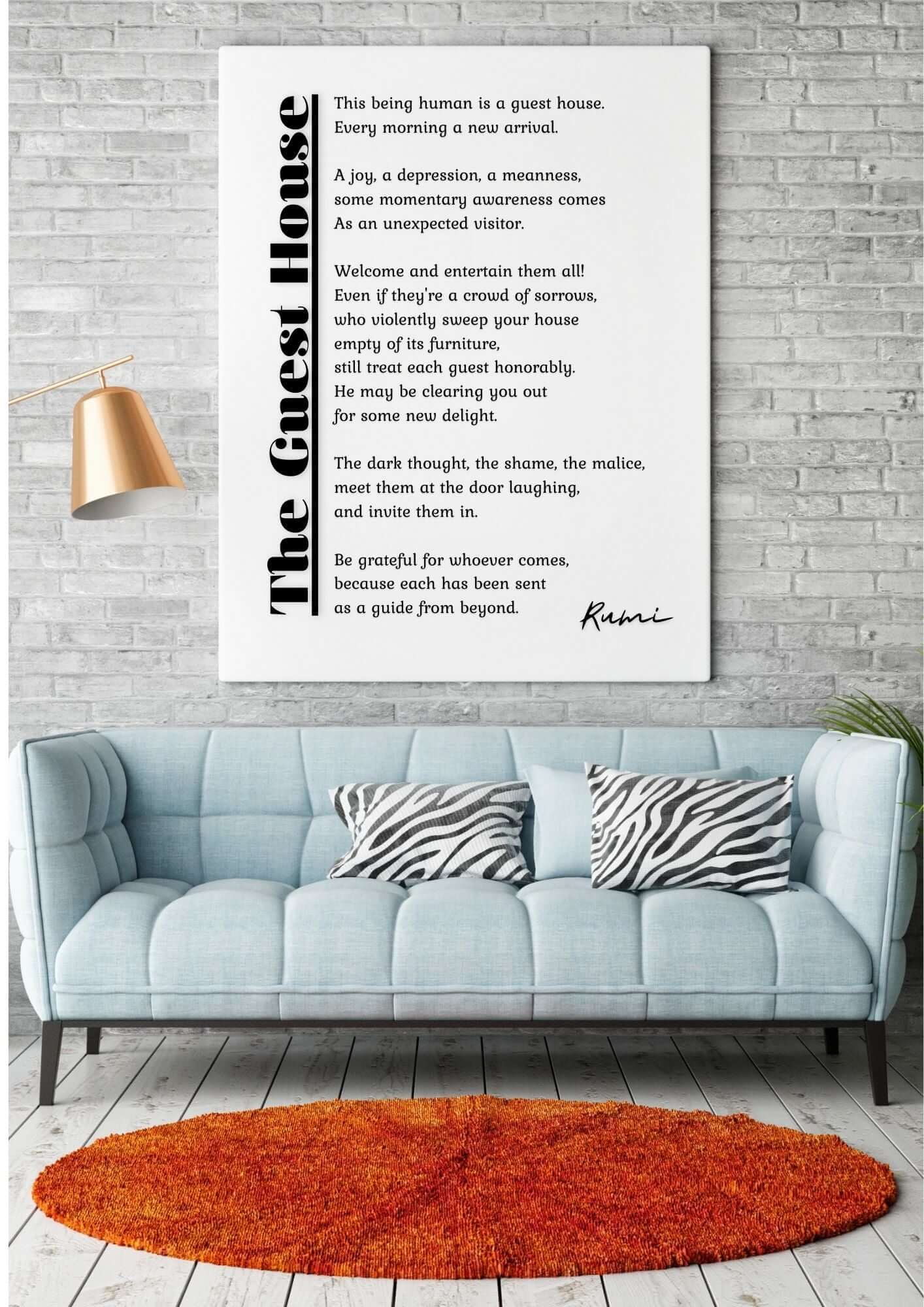 The Guest House by Rumi – Mindfulness Poetry Printable Wall Art displayed above a modern sofa in a cozy living space.