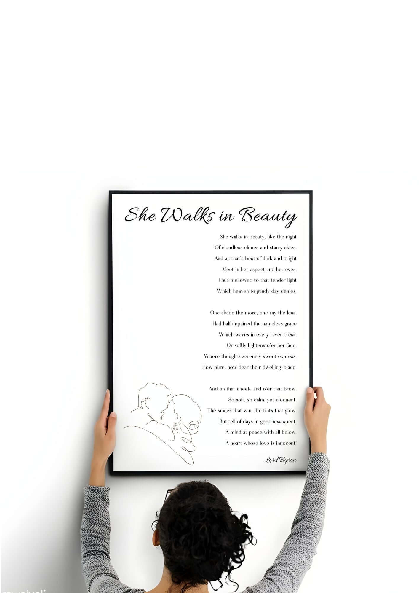 She Walks in Beauty by Lord Byron – Romantic Poetry Printable Wall Art being held by a person, featuring elegant text and design.