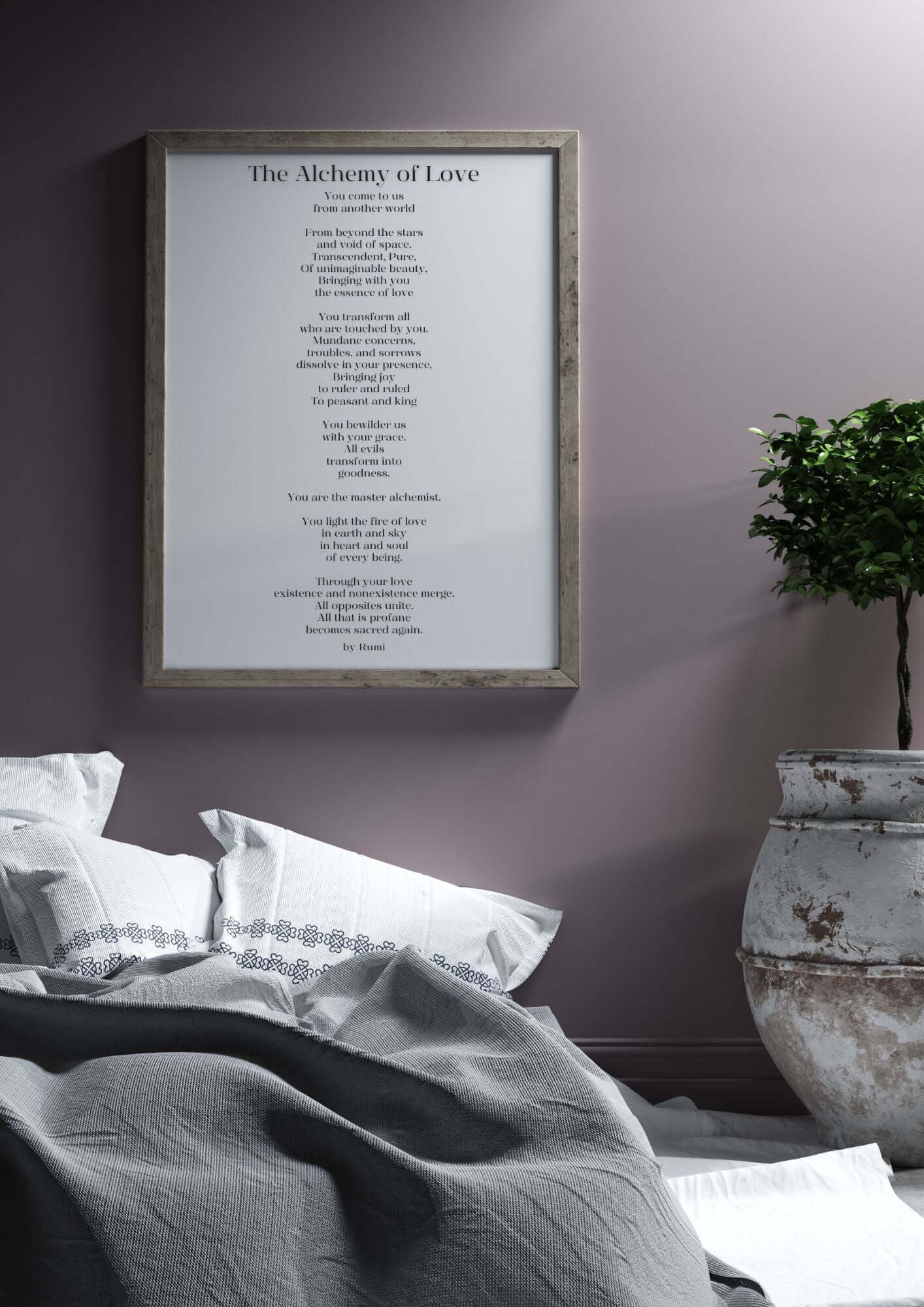 The Alchemy of Love by Rumi – Inspirational Poetry Printable Wall Art in bedroom decor with a serene, elegant atmosphere.