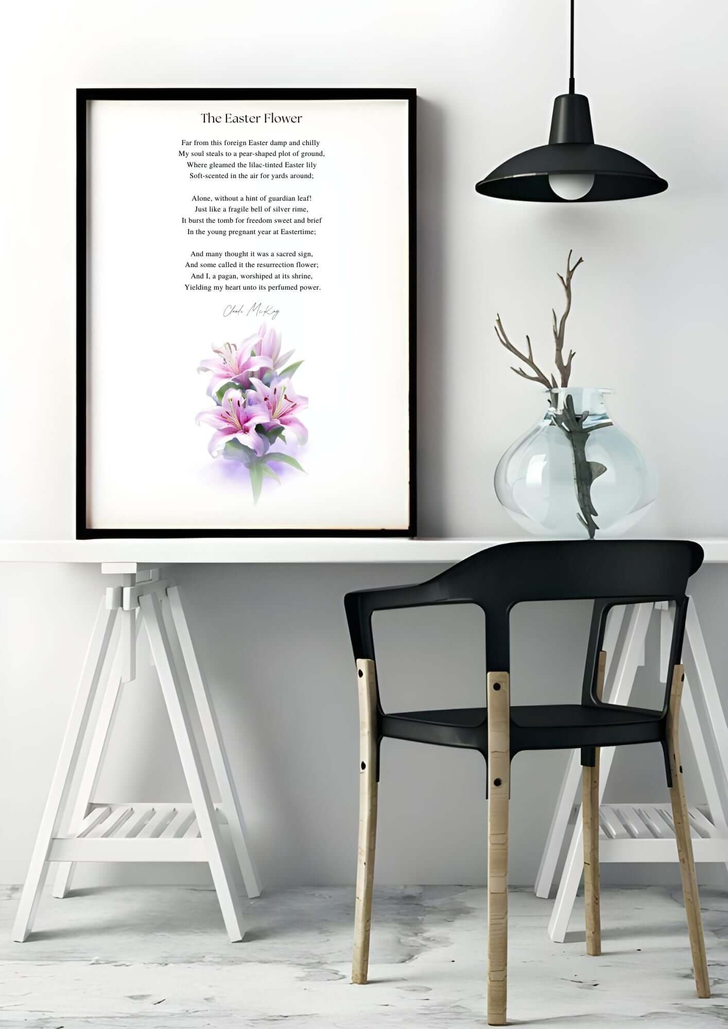 The Easter Flower by Claude McKay – Printable Poetry Wall Art with Easter Lily Illustration on modern white desk