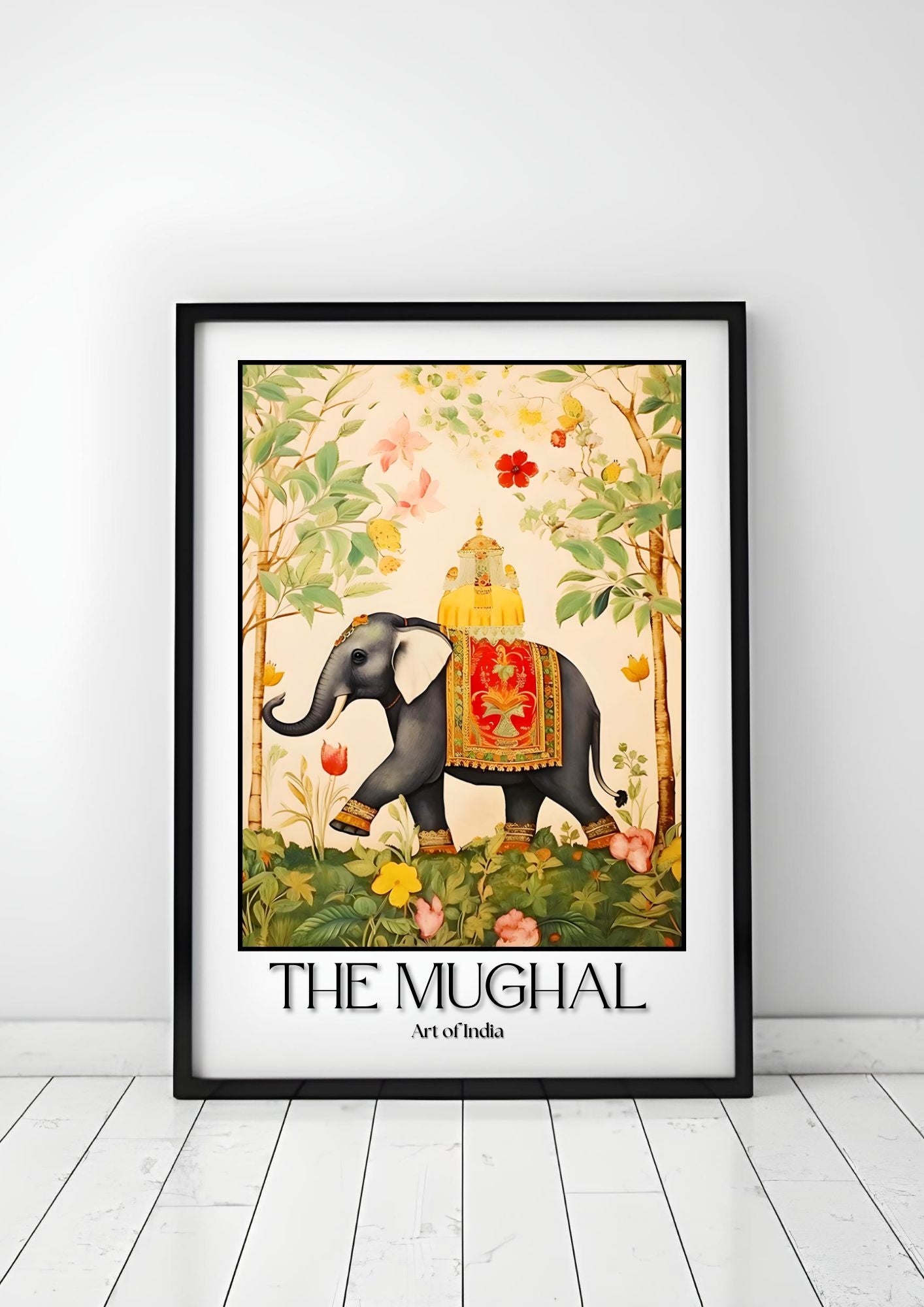 Mughal Elephant in Nature – Indian Art Print | Digital Download featuring an adorned elephant in a vibrant garden setting.