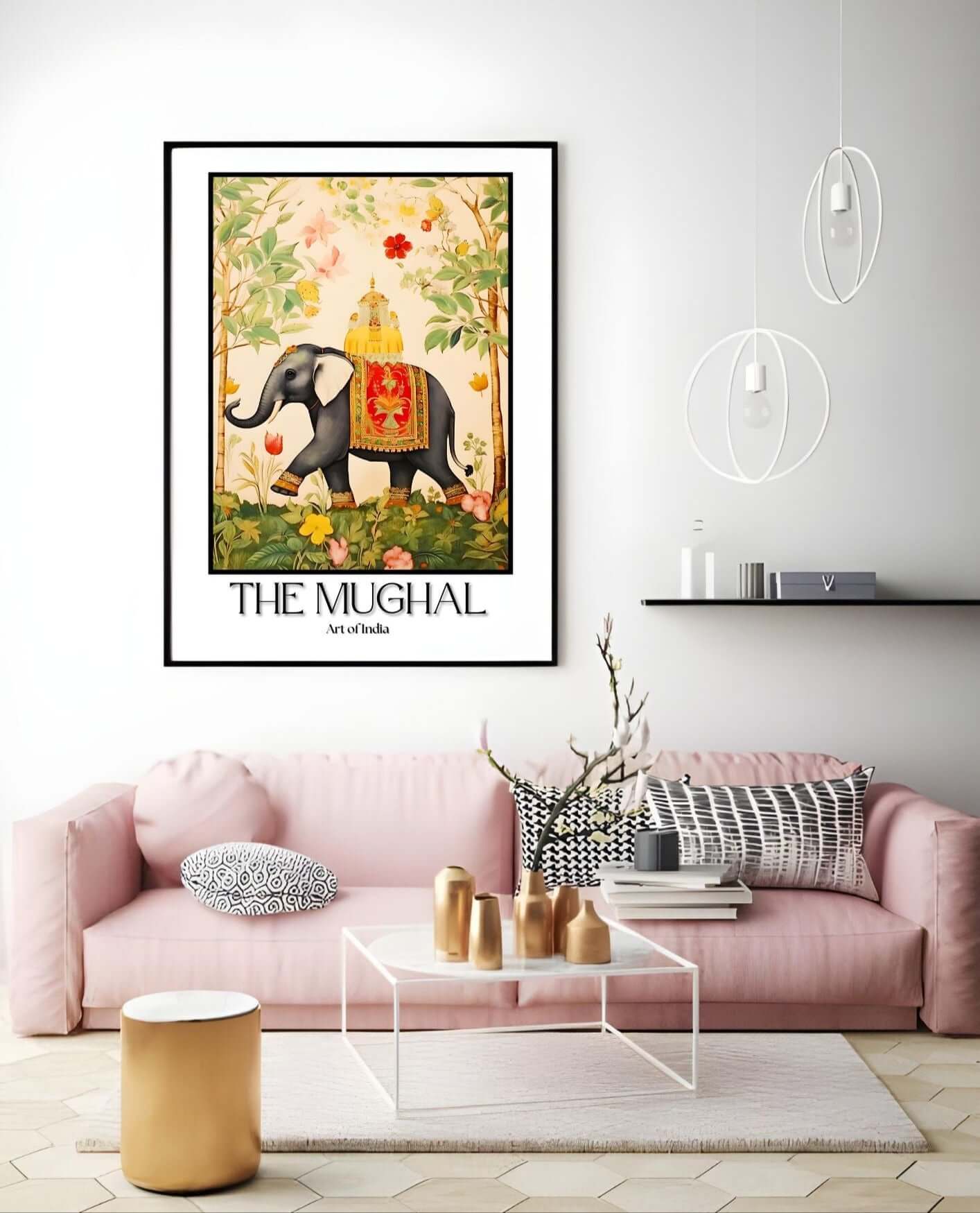 Mughal Elephant Art Print displayed in modern living room, showcasing Indian elephant with lush garden, perfect for exotic home décor.