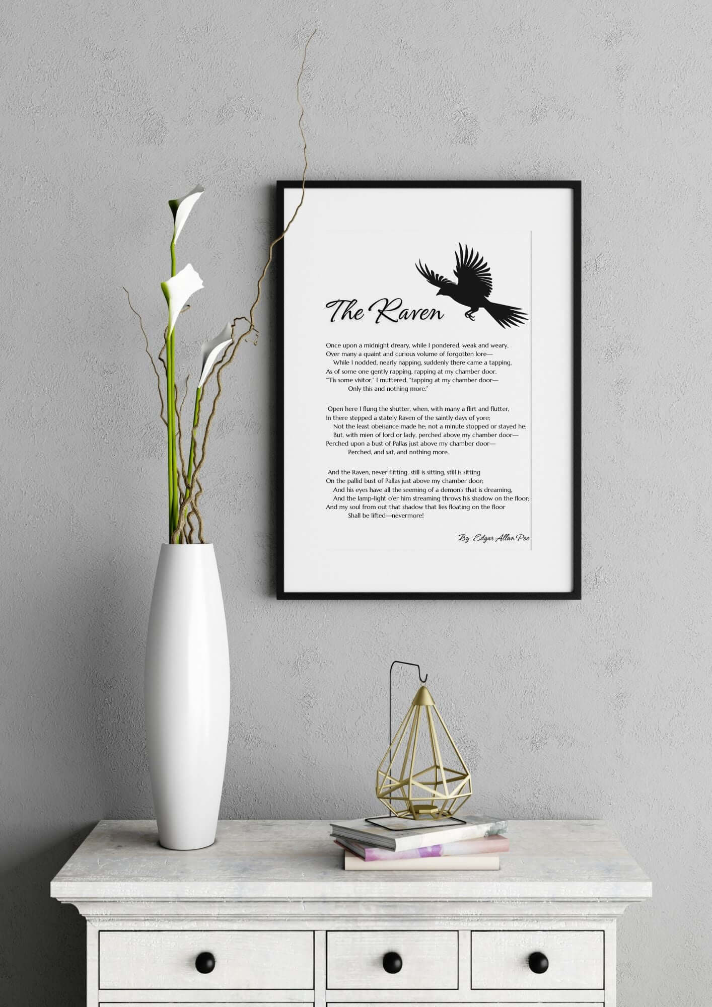 The Raven by Edgar Allan Poe Gothic Poetry Wall Art Print on minimalist wall with decor