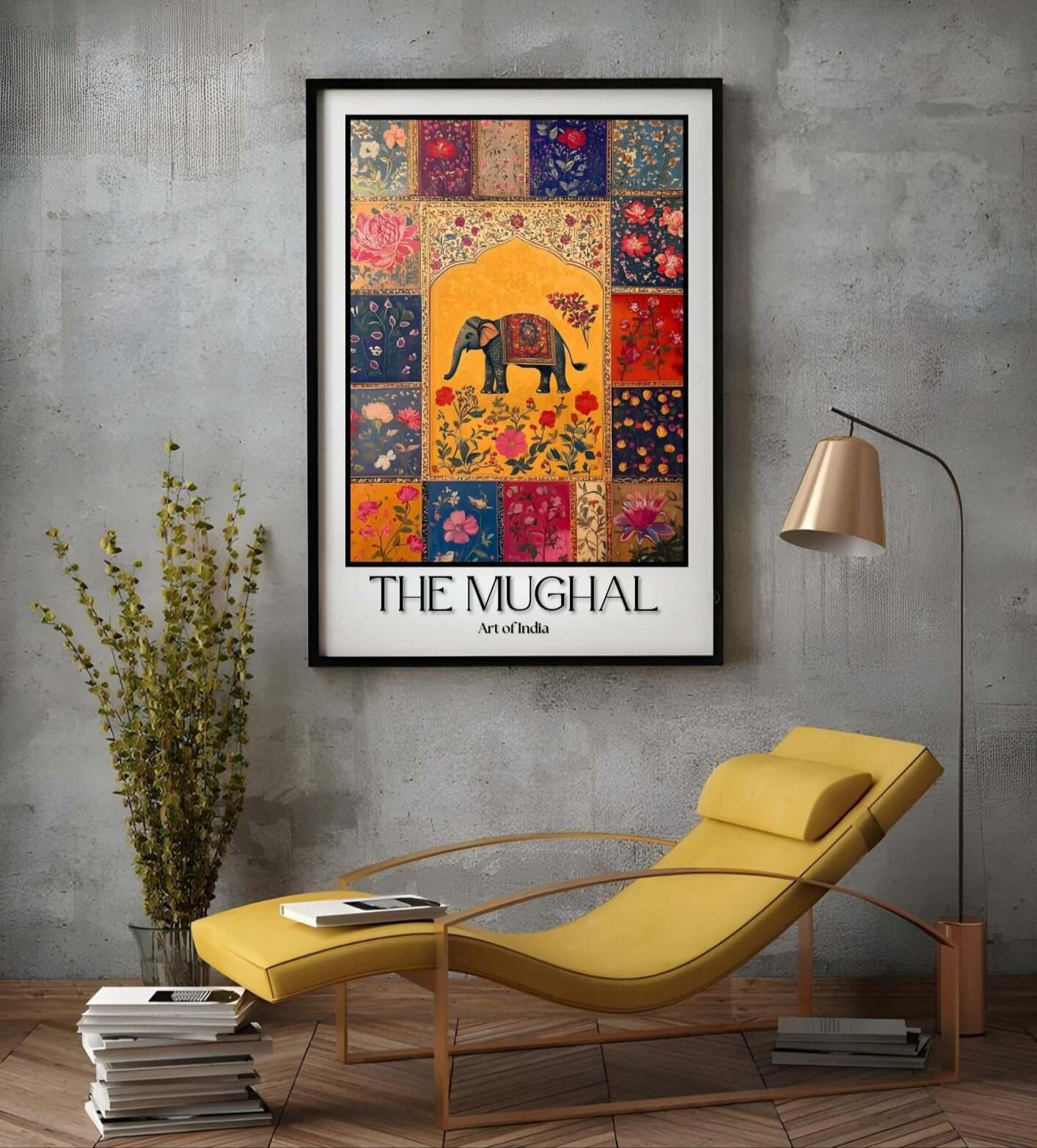 Mughal Indian Elephant Art vibrant wall print for boho décor showcasing colorful elephant with floral patterns.