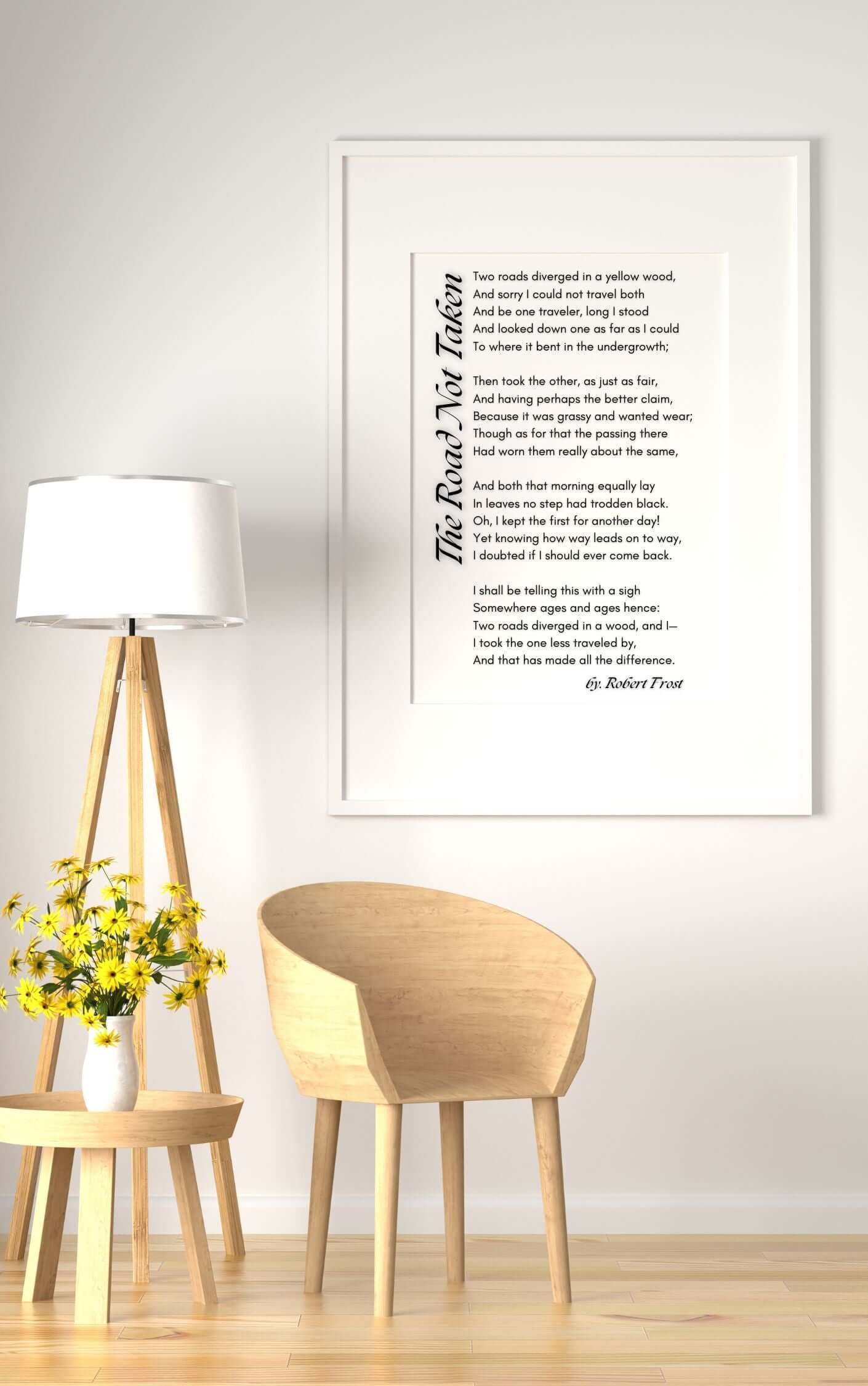 The Road Not Taken Poem Print | Robert Frost | Inspirational Wall Art featuring a framed poem on a wall with a chair and lamp