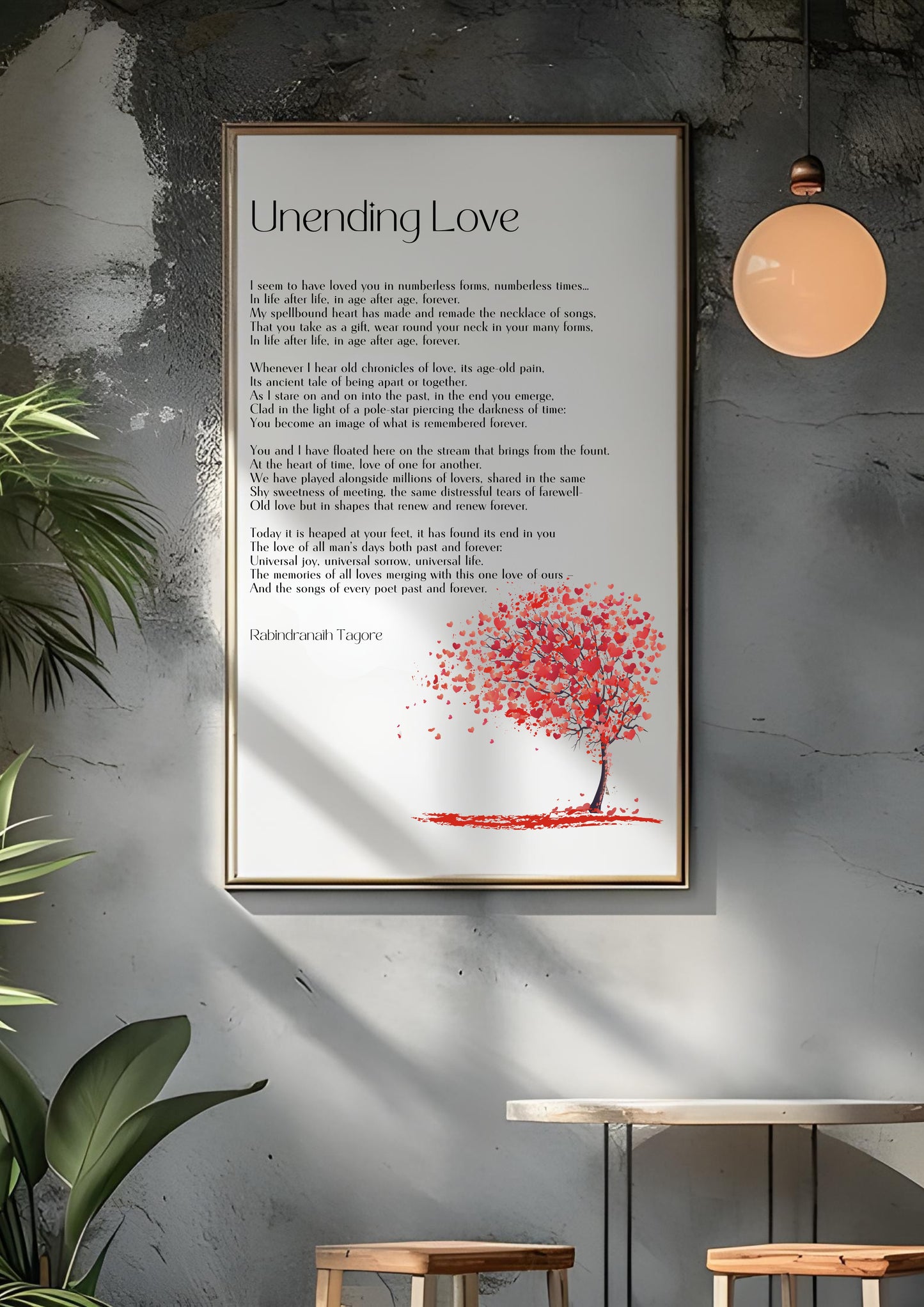 Unending Love - Rabindranath Tagore Poem - Romantic Digital Wall Art Print displayed on a modern wall near a sitting area.