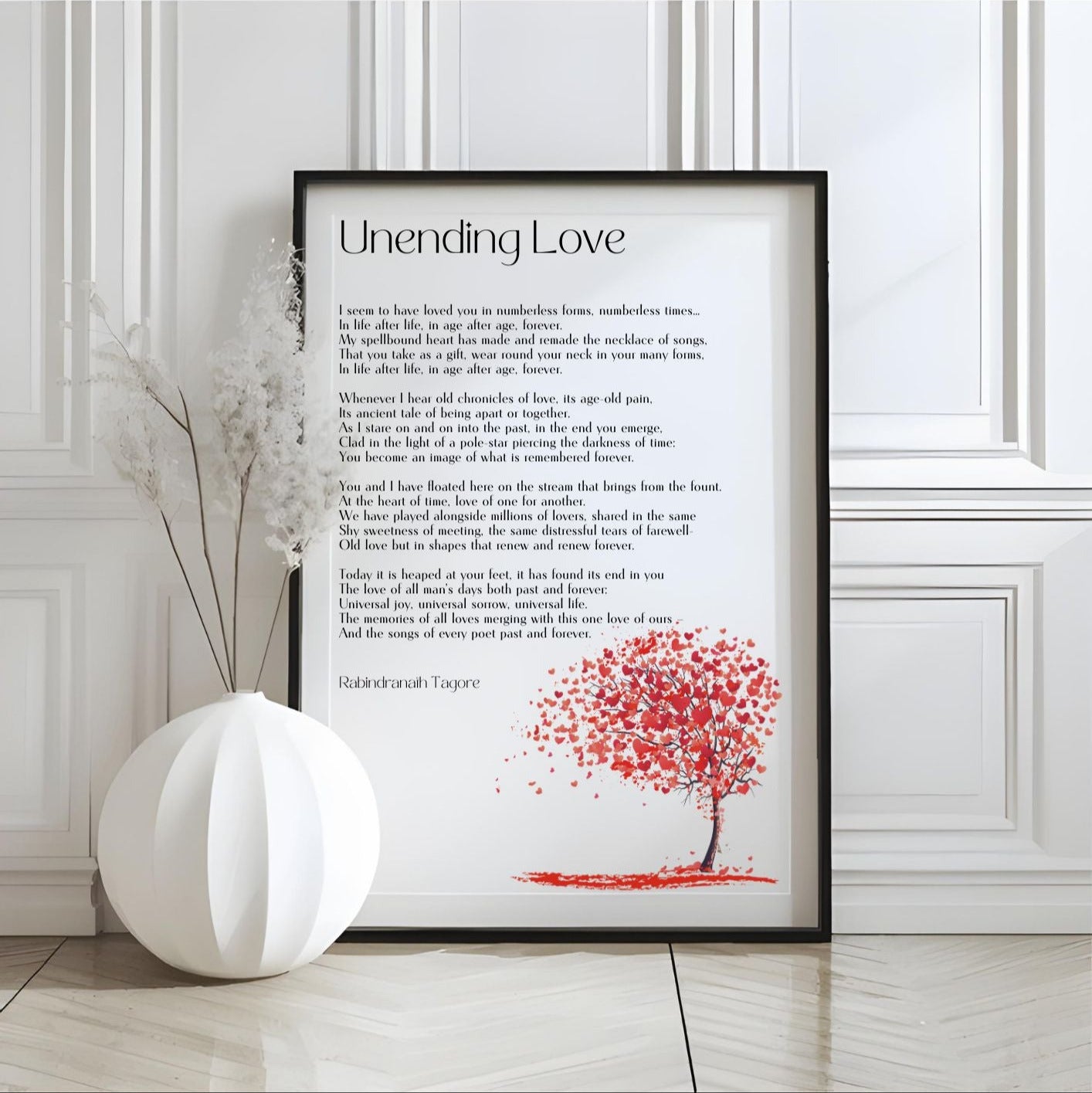 Unending Love - Rabindranath Tagore Poem - Romantic Digital Wall Art Print with red tree design
