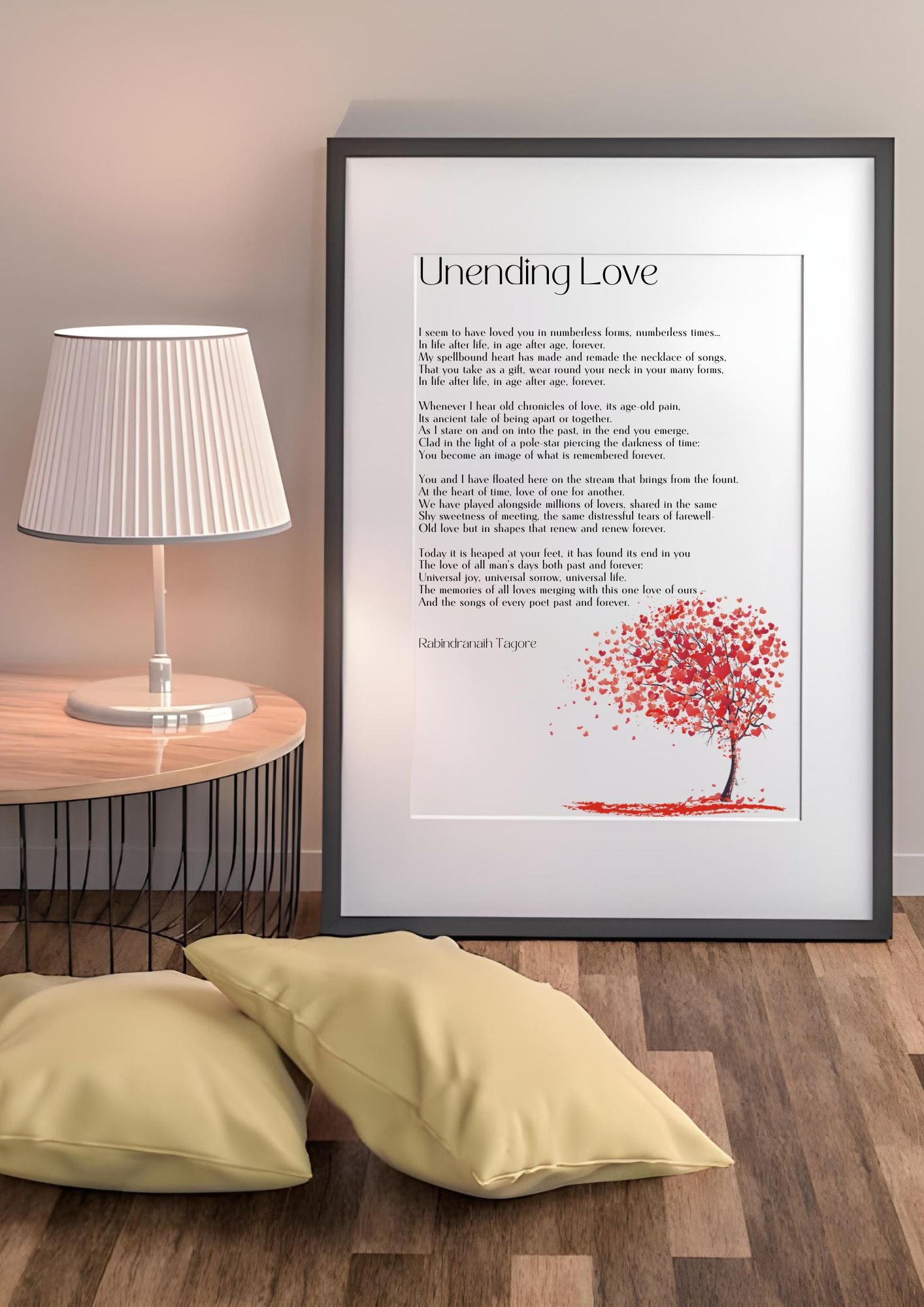 Unending Love - Rabindranath Tagore Poem - Romantic Digital Wall Art Print displayed in a cozy room with a lamp and cushions.