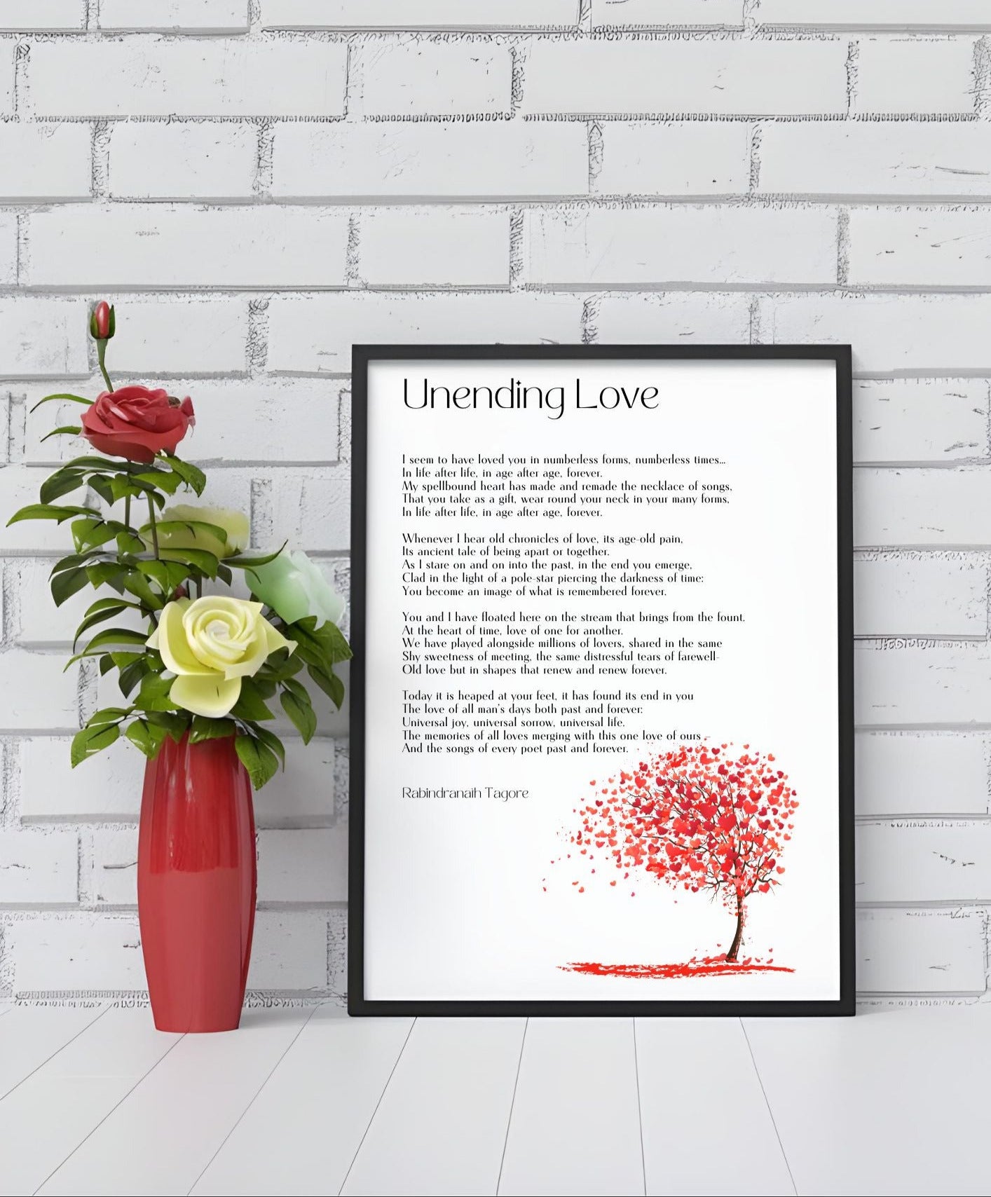 Unending Love - Rabindranath Tagore Poem - Romantic Digital Wall Art Print with floral decoration