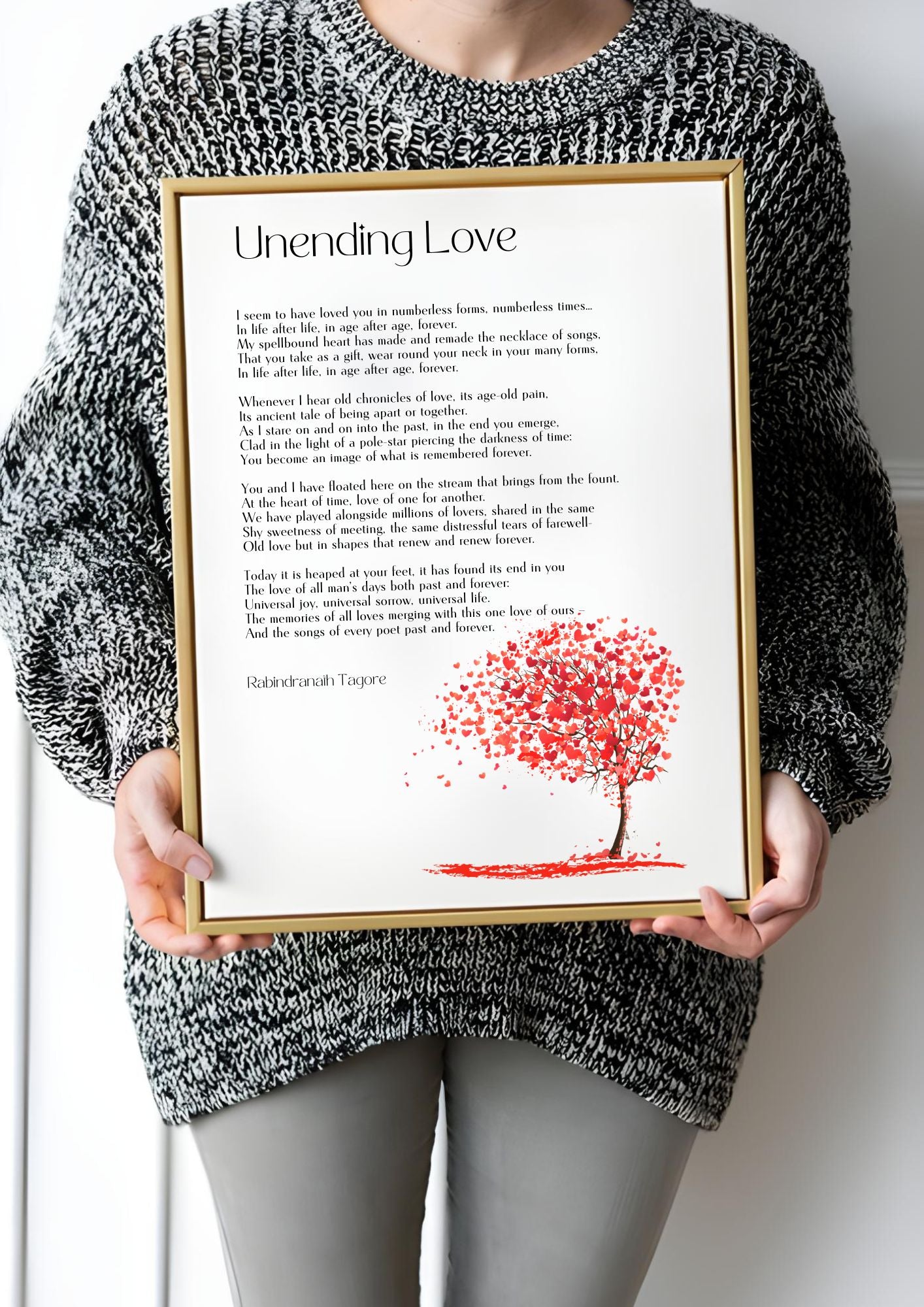 Unending Love - Rabindranath Tagore Poem - Romantic Digital Wall Art Print held by person, featuring red tree illustration.
