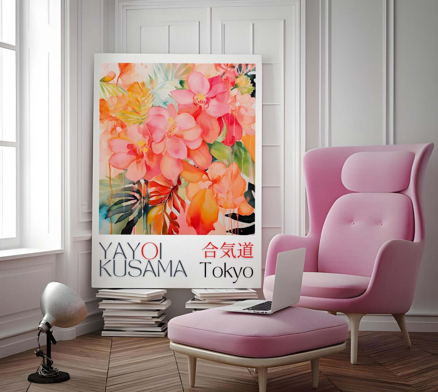 Floral Abstract Art Print Yayoi Kusama Inspired displayed in a stylish interior with pink chair and laptop. Vibrant floral artwork.
