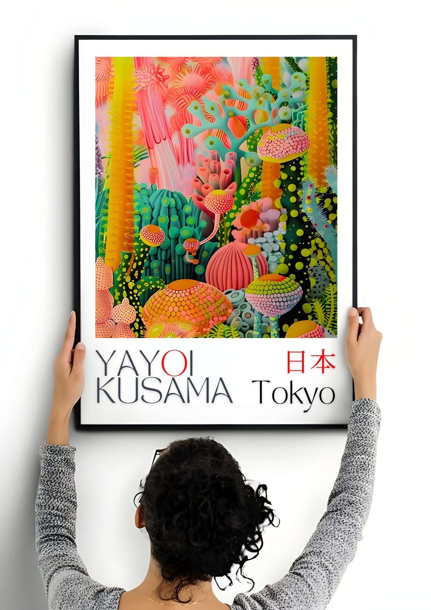 Yayoi Kusama Abstract Coral Reef Art digital print featuring vivid coral and dot patterns, held by a person.