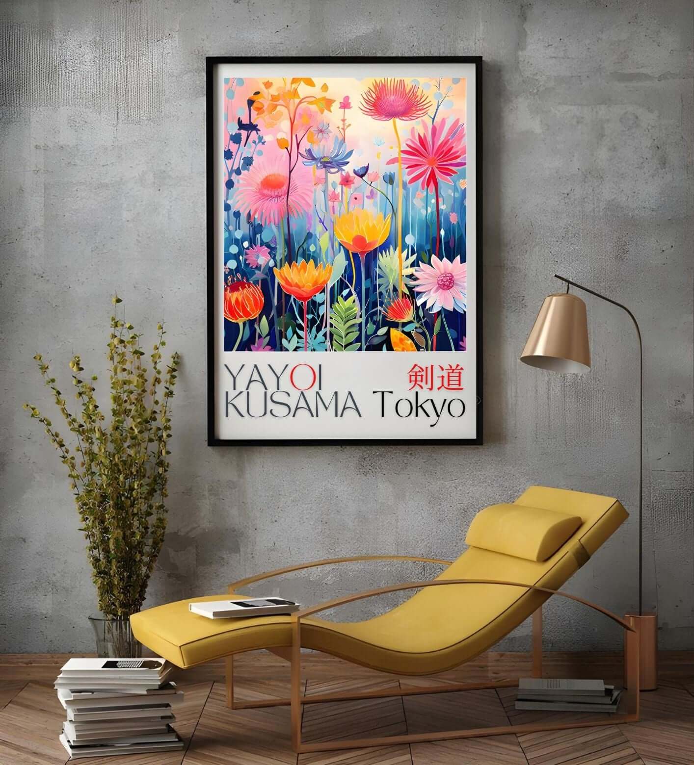Yayoi Kusama Inspired Floral Art Print – Abstract Wildflower Poster displayed in modern living room.