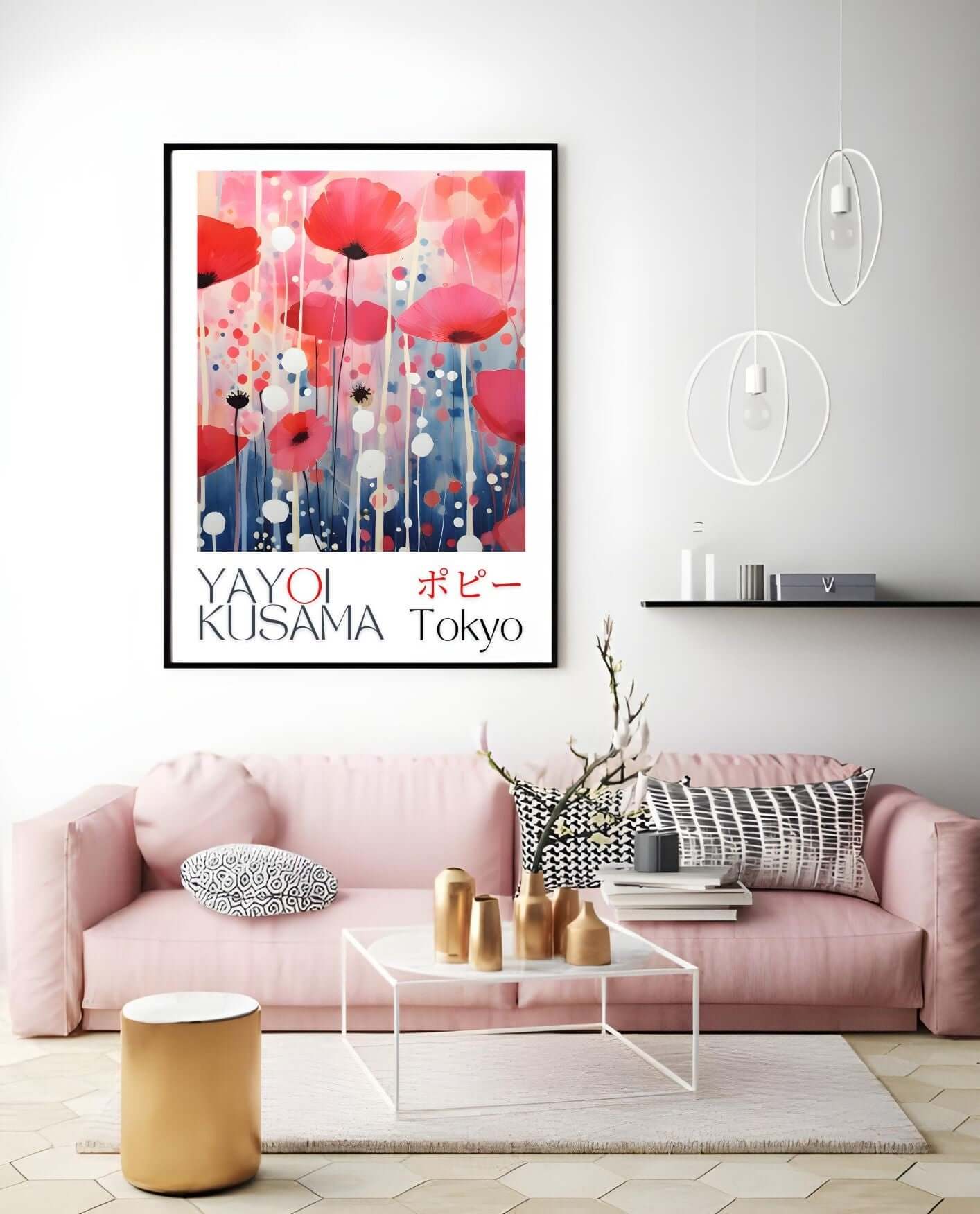 Yayoi Kusama Inspired Mountain Landscape Art print with red poppies and polka dots hanging in a modern living room.