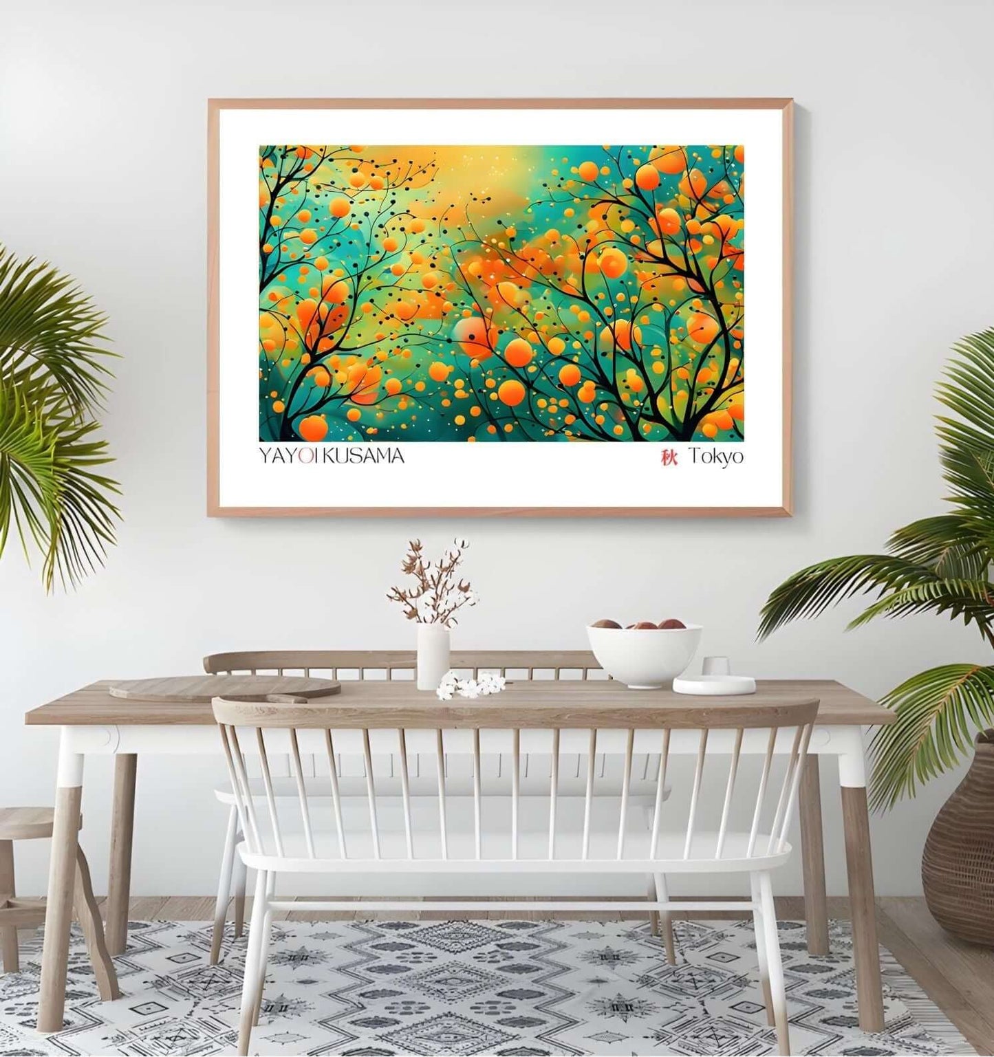 Japanese Abstract Art Print Yayoi Kusama Inspired with orange and gold hues and dot patterns in a stylish modern interior