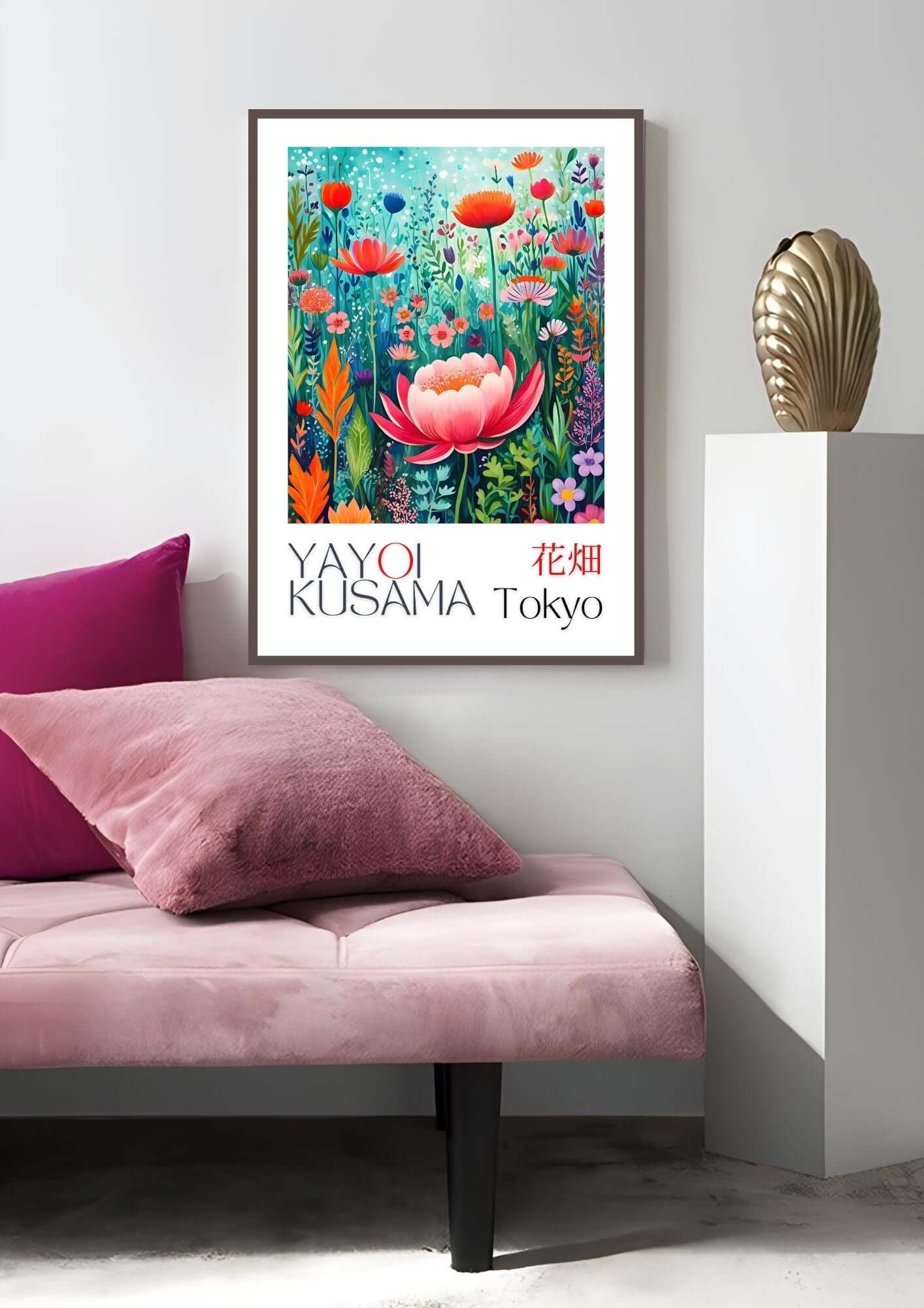 Yayoi Kusama Wildflower Meadow Art vibrant floral print on wall above pink sofa.
