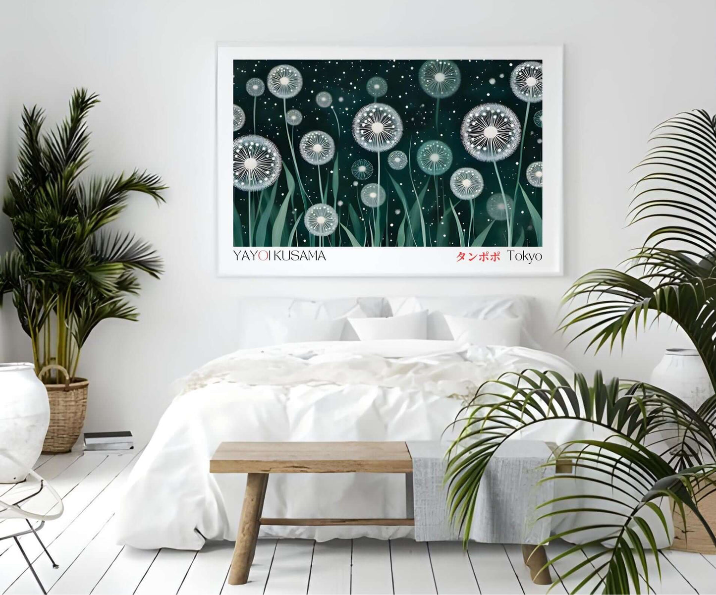 Yayoi Kusama Inspired Dandelion Print – Ethereal Floral Wall Art displayed above a modern white bedroom setting.