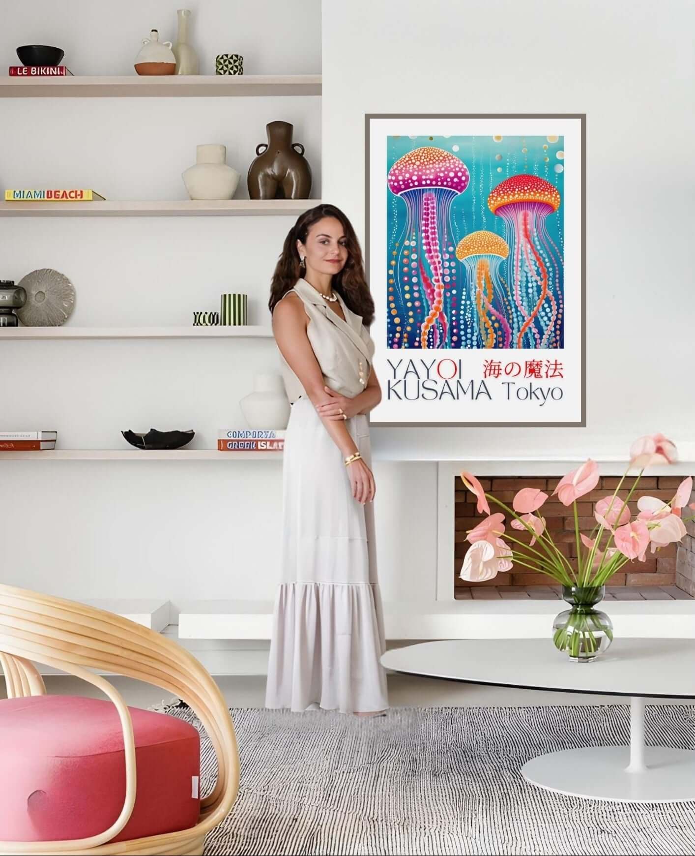 Yayoi Kusama Jellyfish Art Print on display in a modern living room, showcasing vibrant marine-inspired decor.
