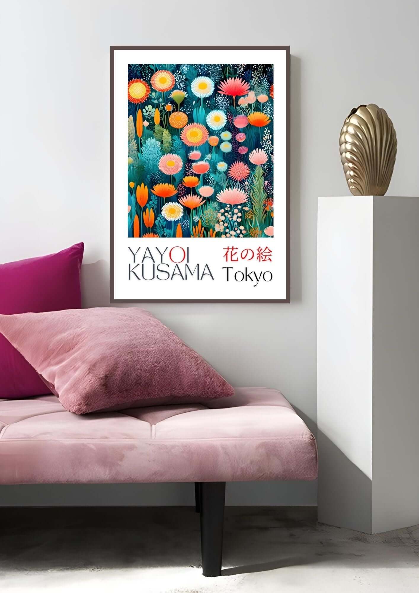 Floral Japanese Art Print Yayoi Kusama Inspired hanging above a modern pink sofa, featuring colorful flowers and avant-garde style.
