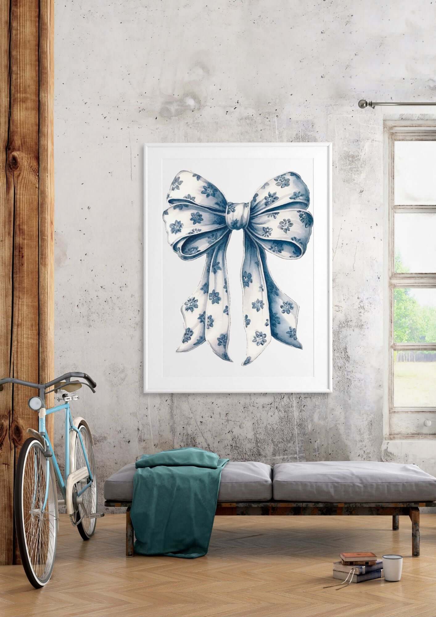 Floral Navy Blue Bow Print wall art in minimalist style, displayed in a modern living room with bicycle, adding elegant decor.