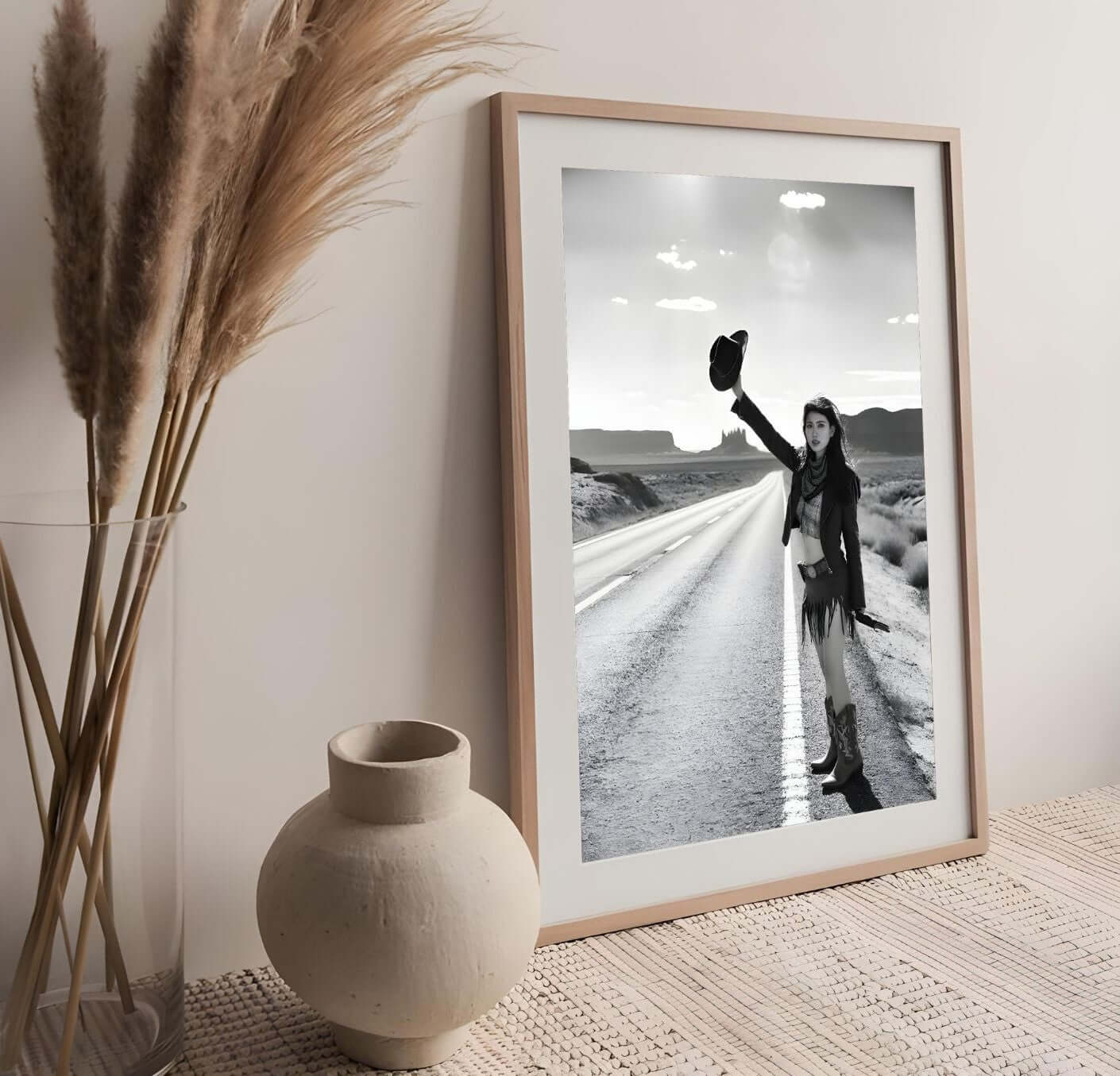 Cowgirl Wall Art – Black & White Western Photography Print | Rustic Boho Decor in modern rustic room