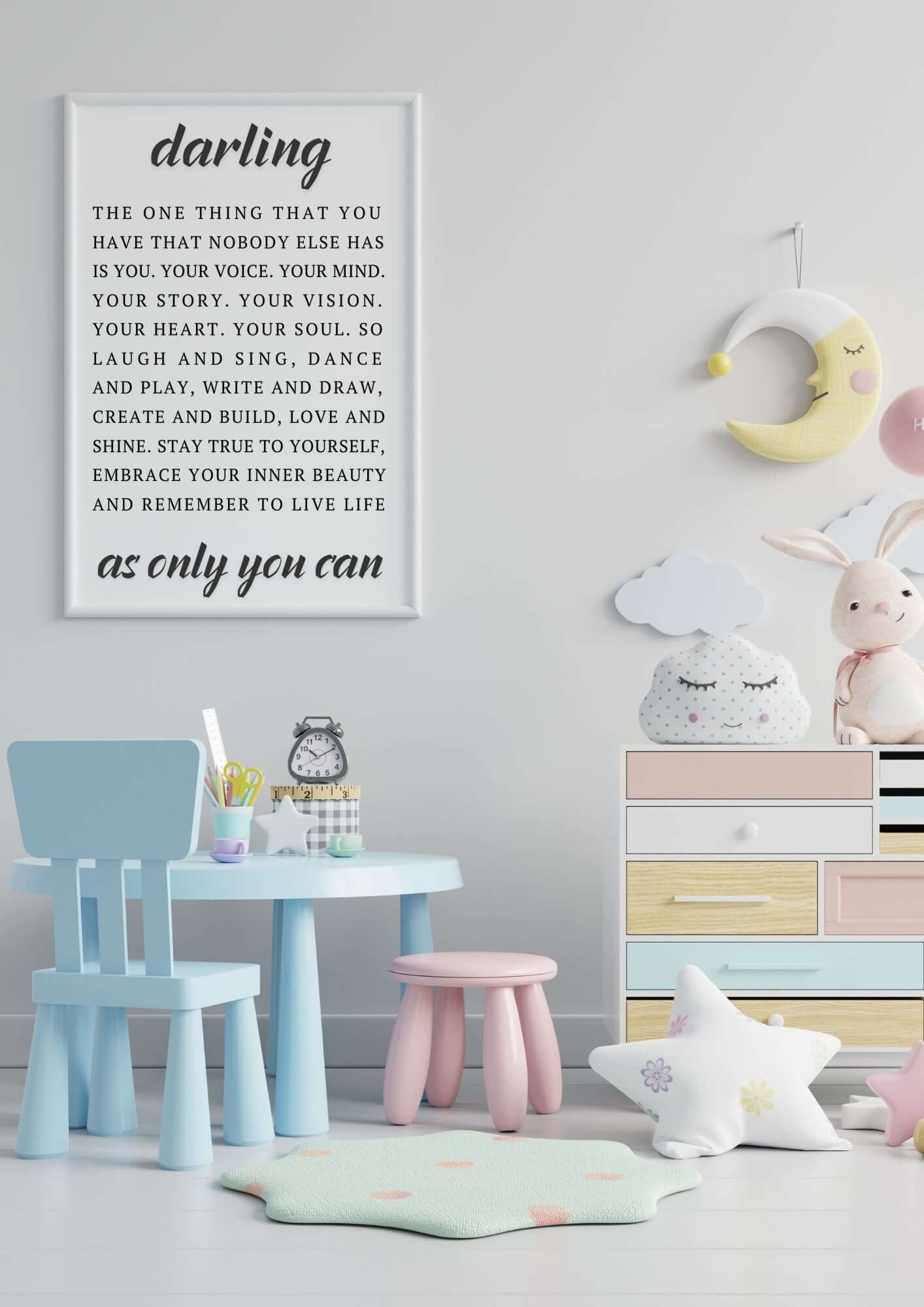 Darling Motivational Quote Printable wall art in children's playroom setting.
