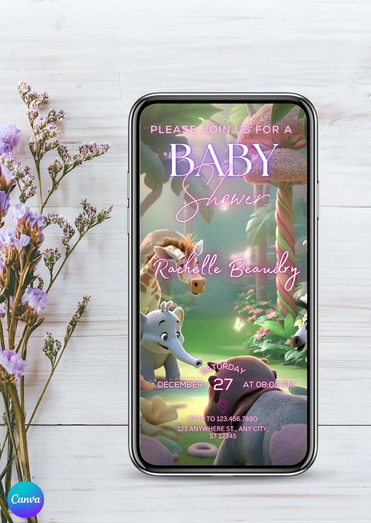 Editable Baby Shower Video Invitation Template | Canva Digital Invite featuring jungle animals on smartphone screen.