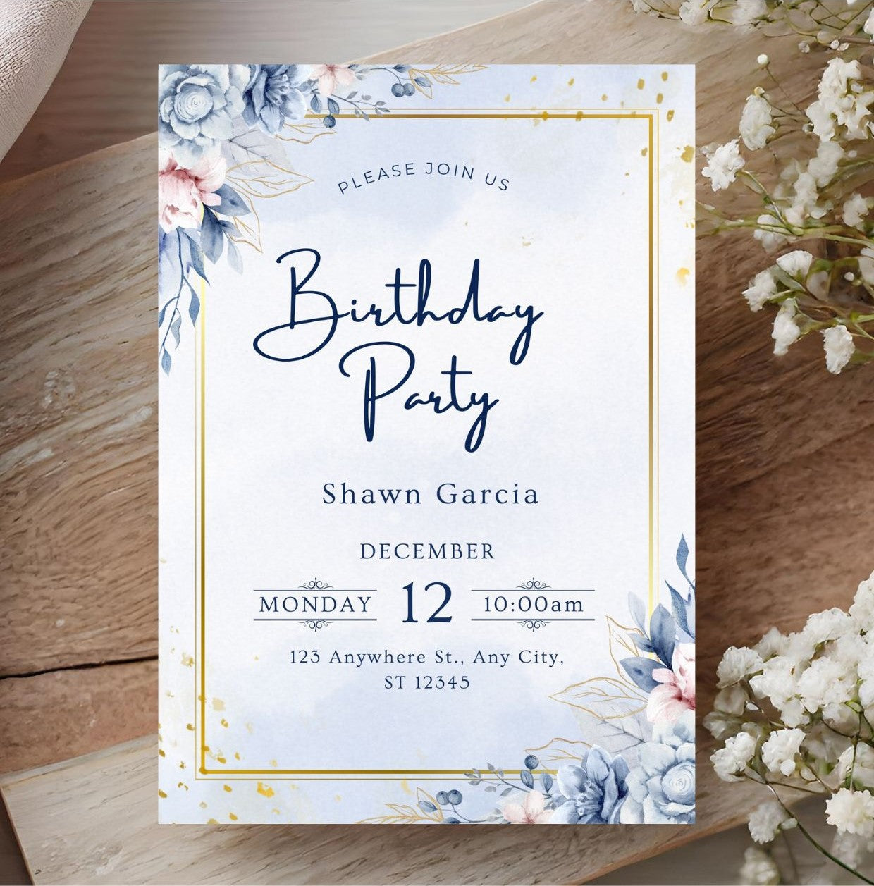 Elegant Blue & Gold Birthday Invitation | Printable Floral Party Invite | Digital Birthday Template on wooden background