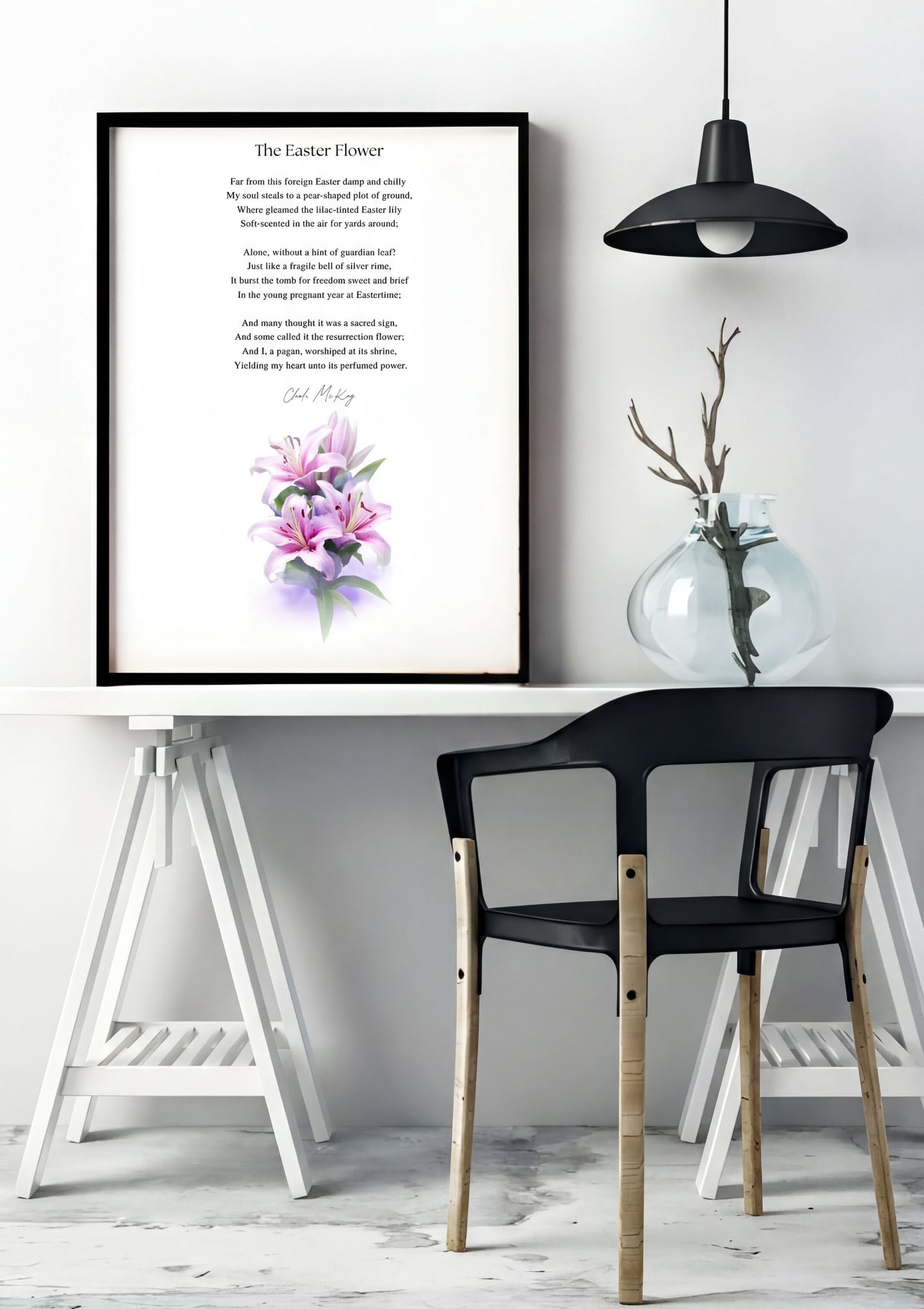 Easter Poetry Wall Art featuring The Easter Flower poem with elegant lily illustration in a modern home setting.