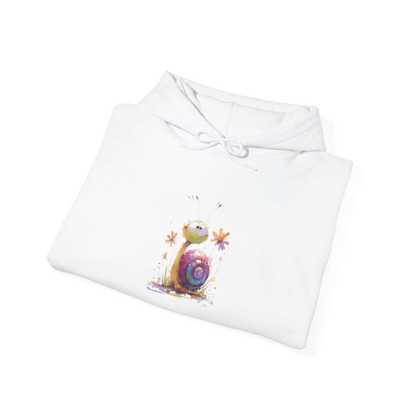 Illustrated white Gildan unisex heavy blend hoodie with colorful snail design.