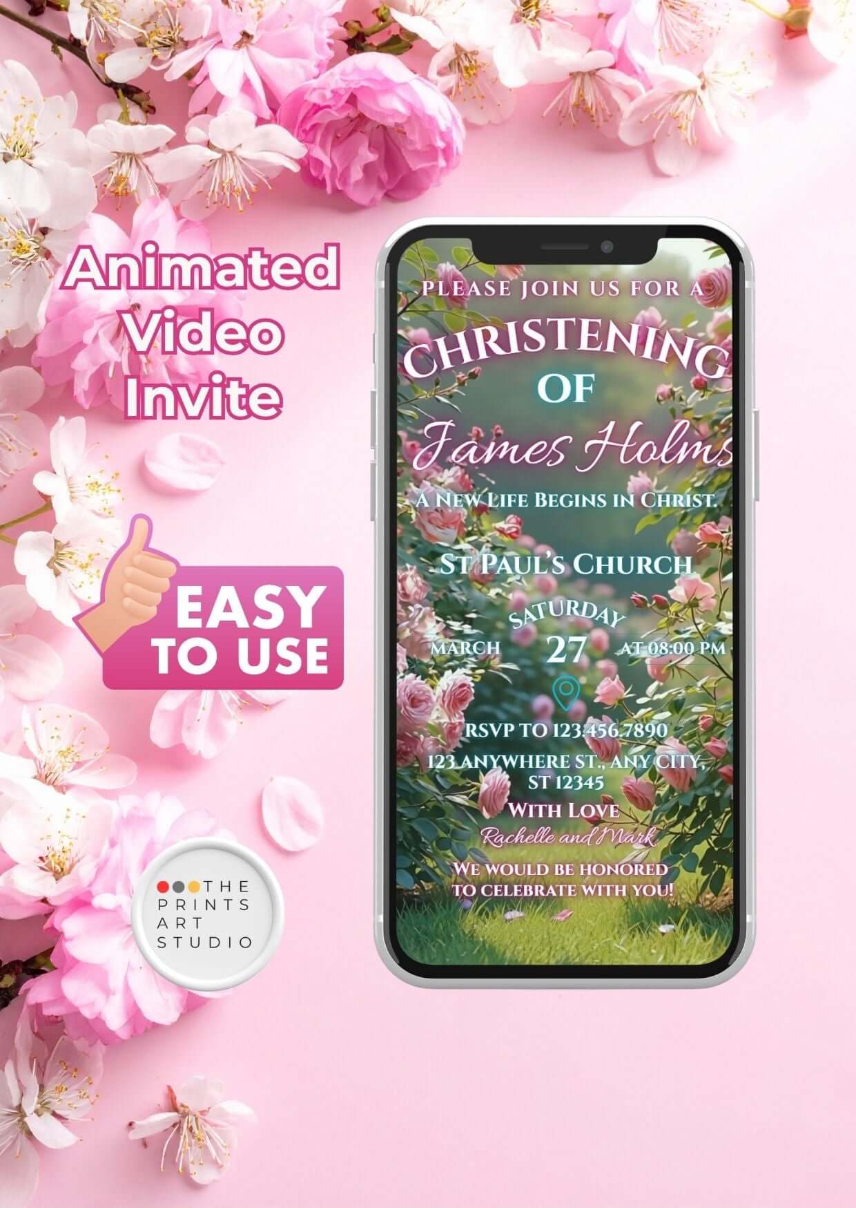 Christening Video Invitation Canva Editable MP4 displayed on smartphone with floral background, highlighting ease of use.