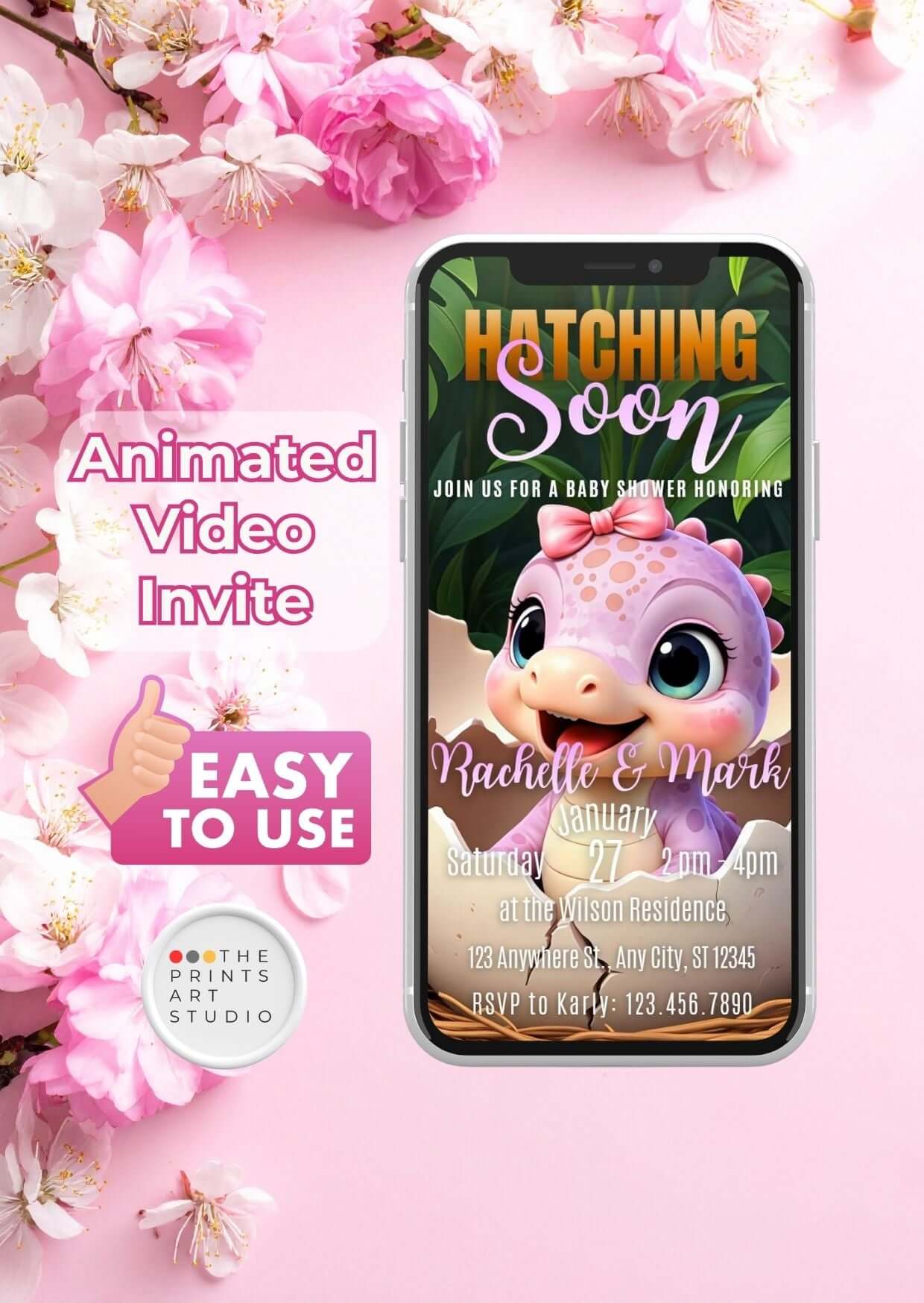 Baby Girl Shower Video Invitation featuring a cute dinosaur design, perfect for a baby shower celebration.