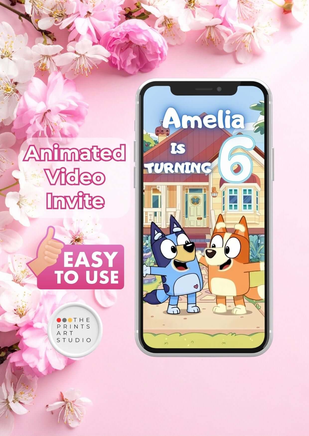 Bluey birthday invitation video featuring animated characters and celebration details for Amelia's 6th birthday.