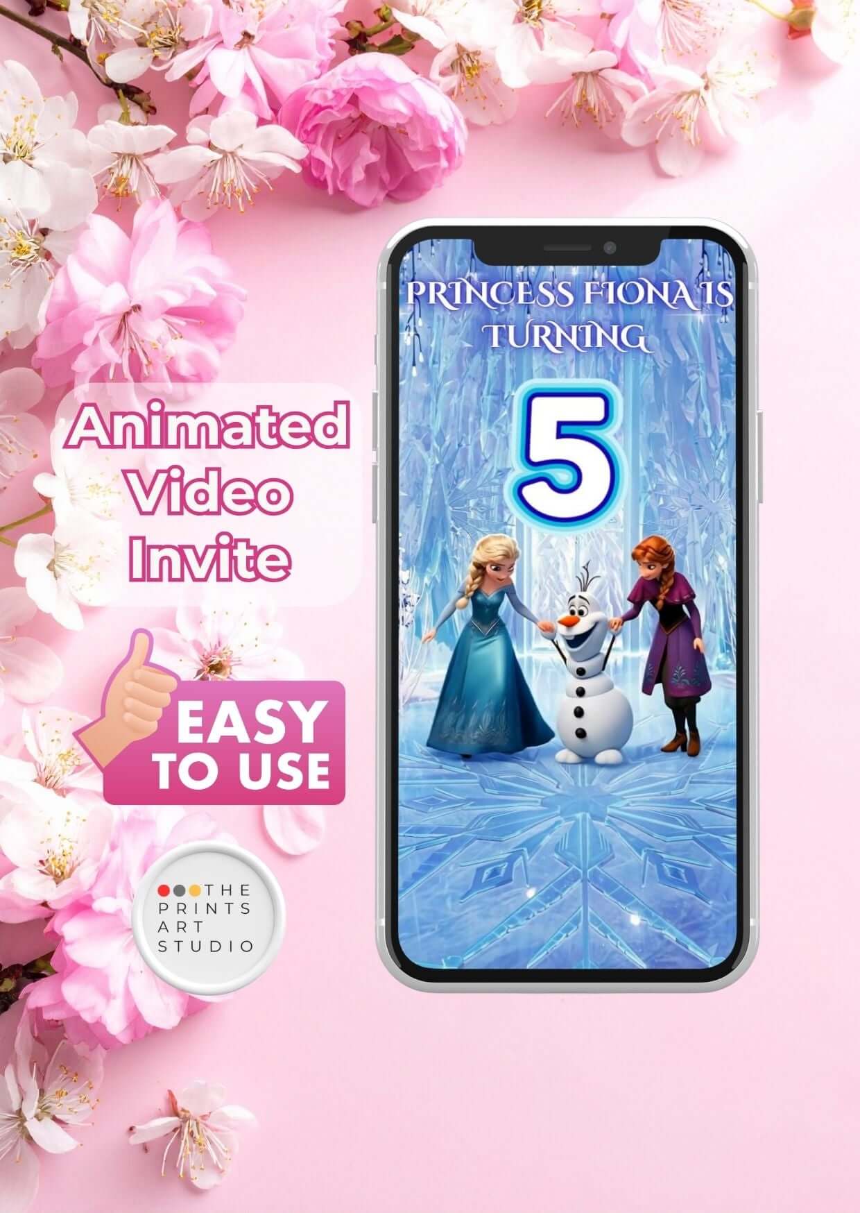 Frozen birthday invitation video featuring Elsa and Anna in a snowy setting with animated text for turning 5.