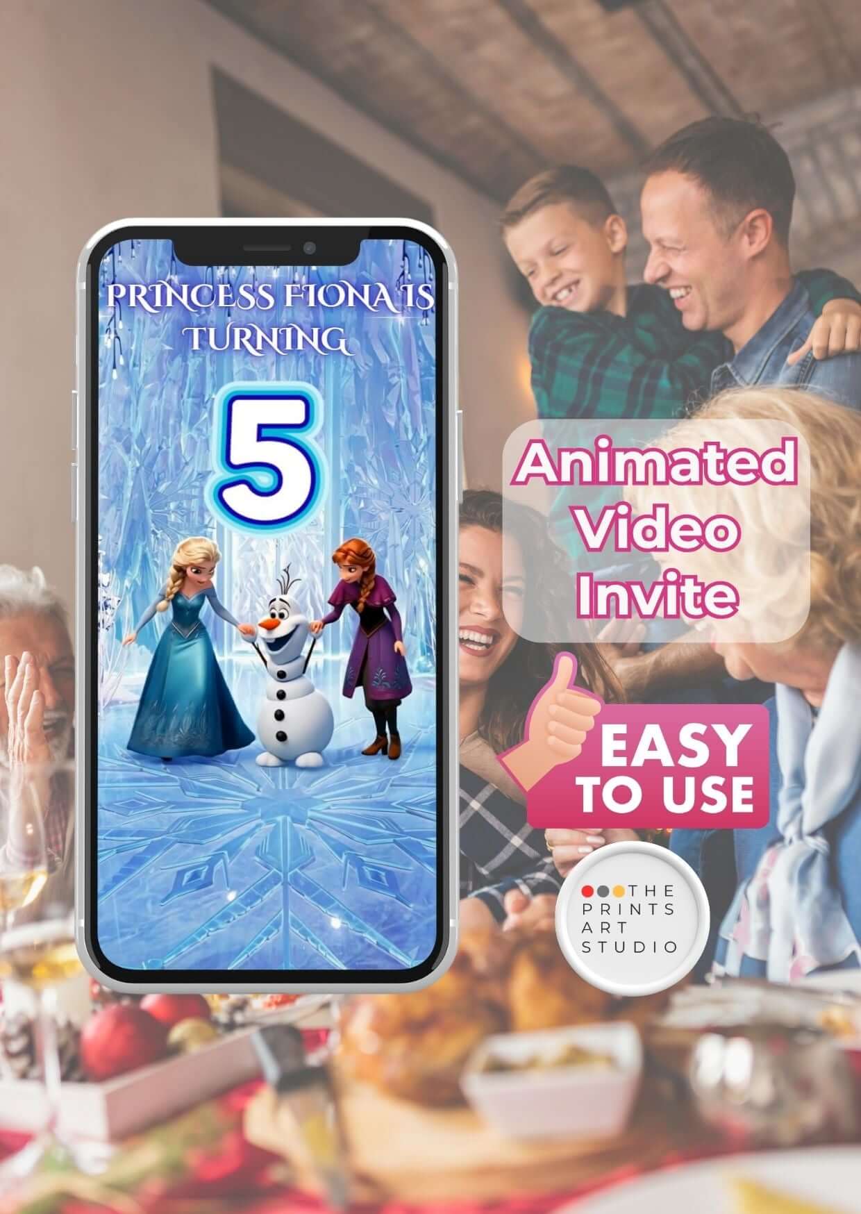 Frozen birthday invitation video featuring animated characters celebrating with friends and family.