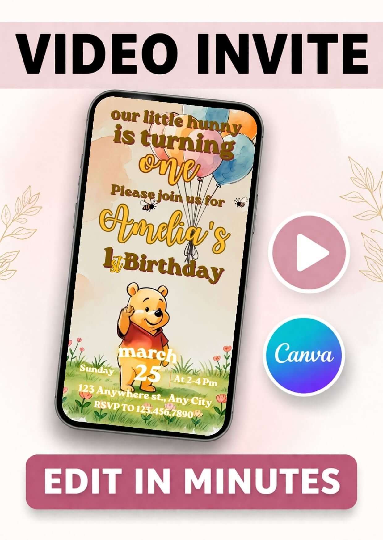 Winnie the Pooh birthday invitation video template featuring playful design for a first birthday celebration.