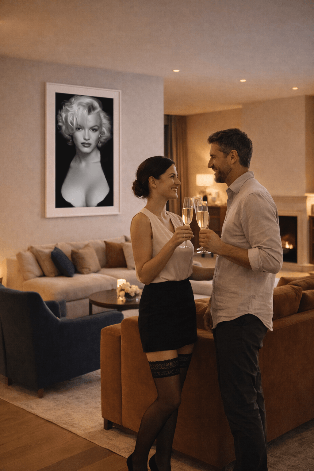 Couple toasting with champagne in living room featuring Vintage Hollywood Glamour Wall Art portrait on the wall.
