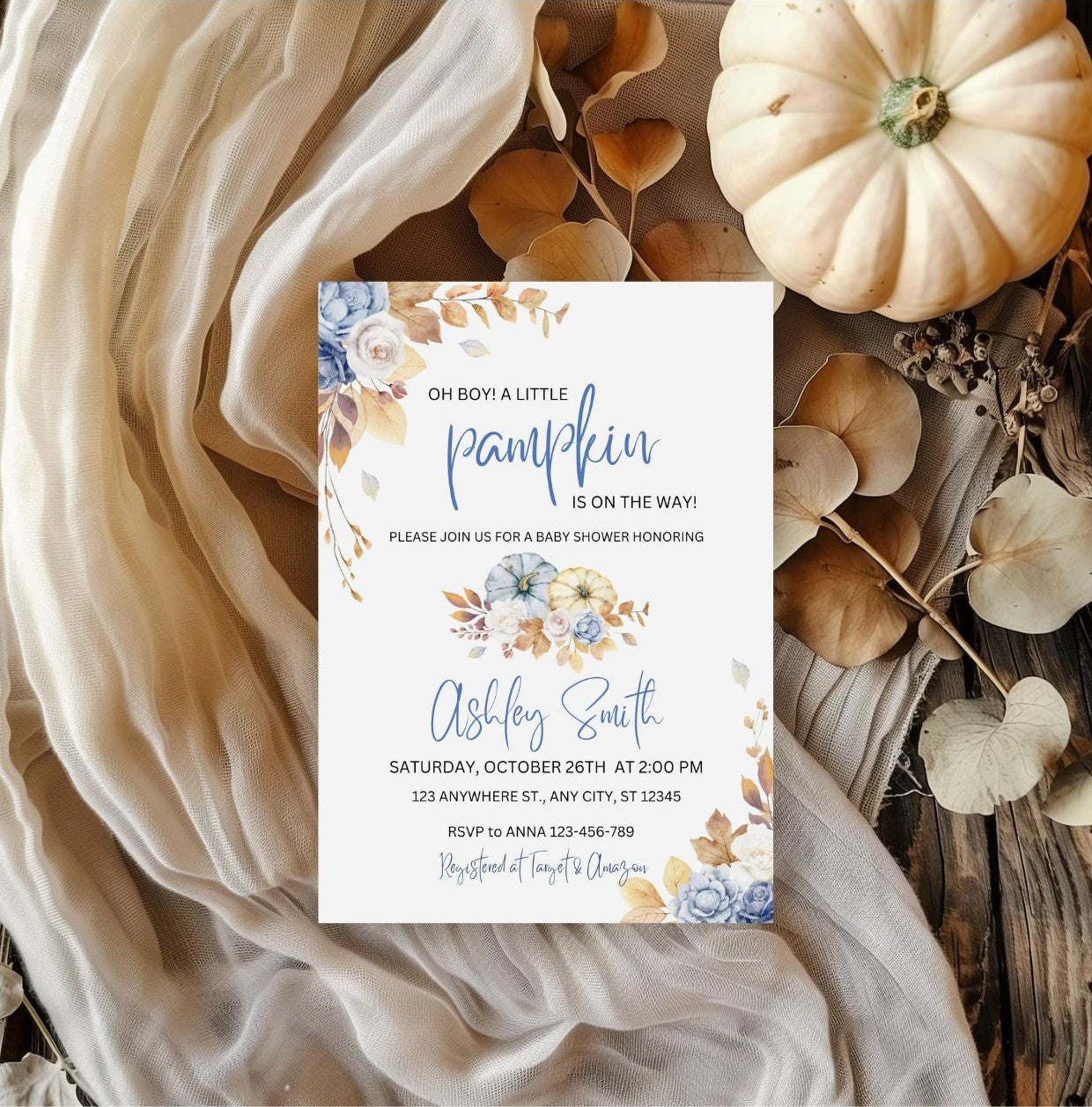 Blue Pumpkin Baby Shower Invitation | Editable Fall Baby Shower Invite | Rustic Floral Digital Download with pumpkins and florals