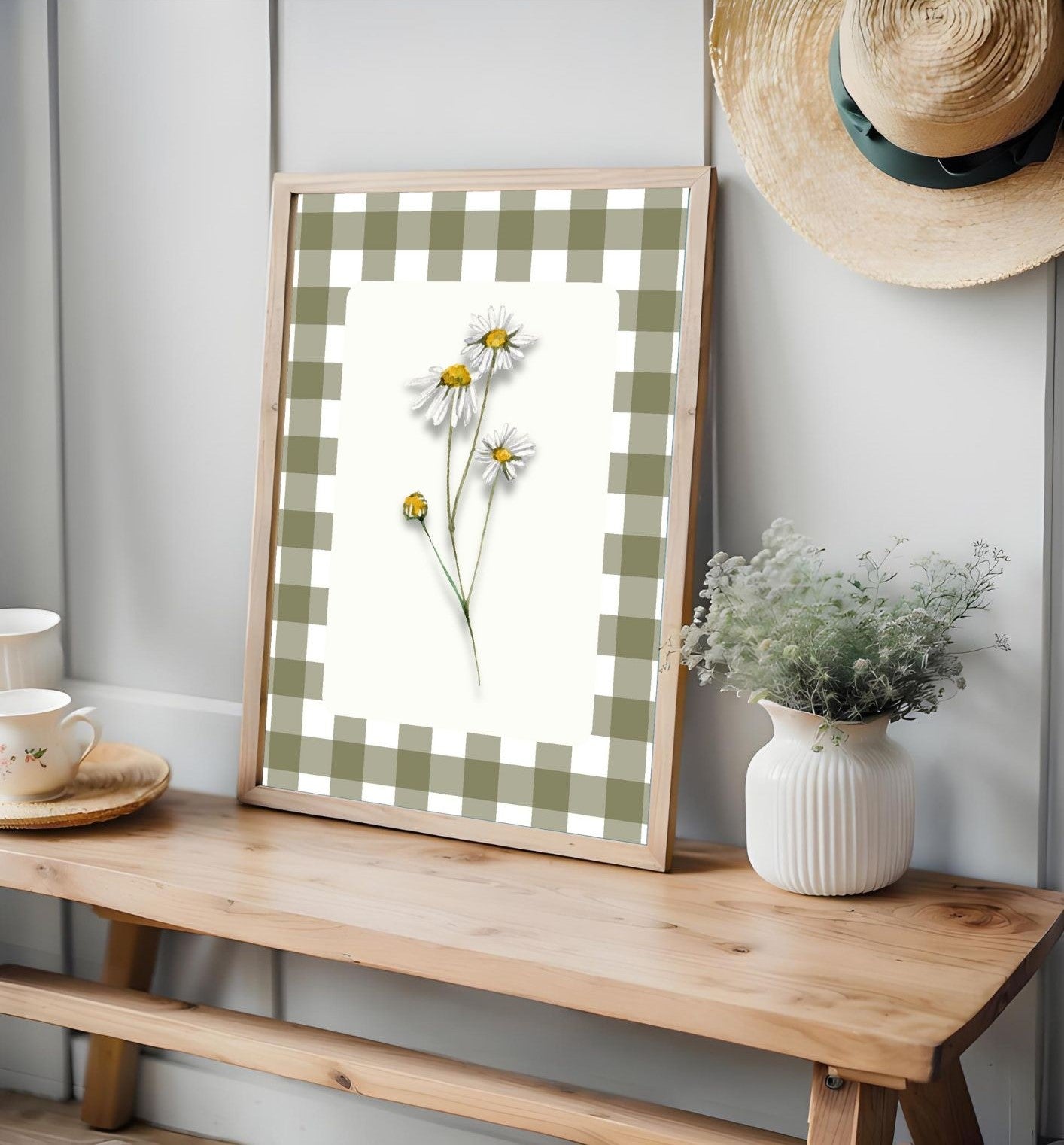 Summer Daisy Wall Art Printable – Farmhouse Kitchen Decor – Gingham Country Style Botanical Art