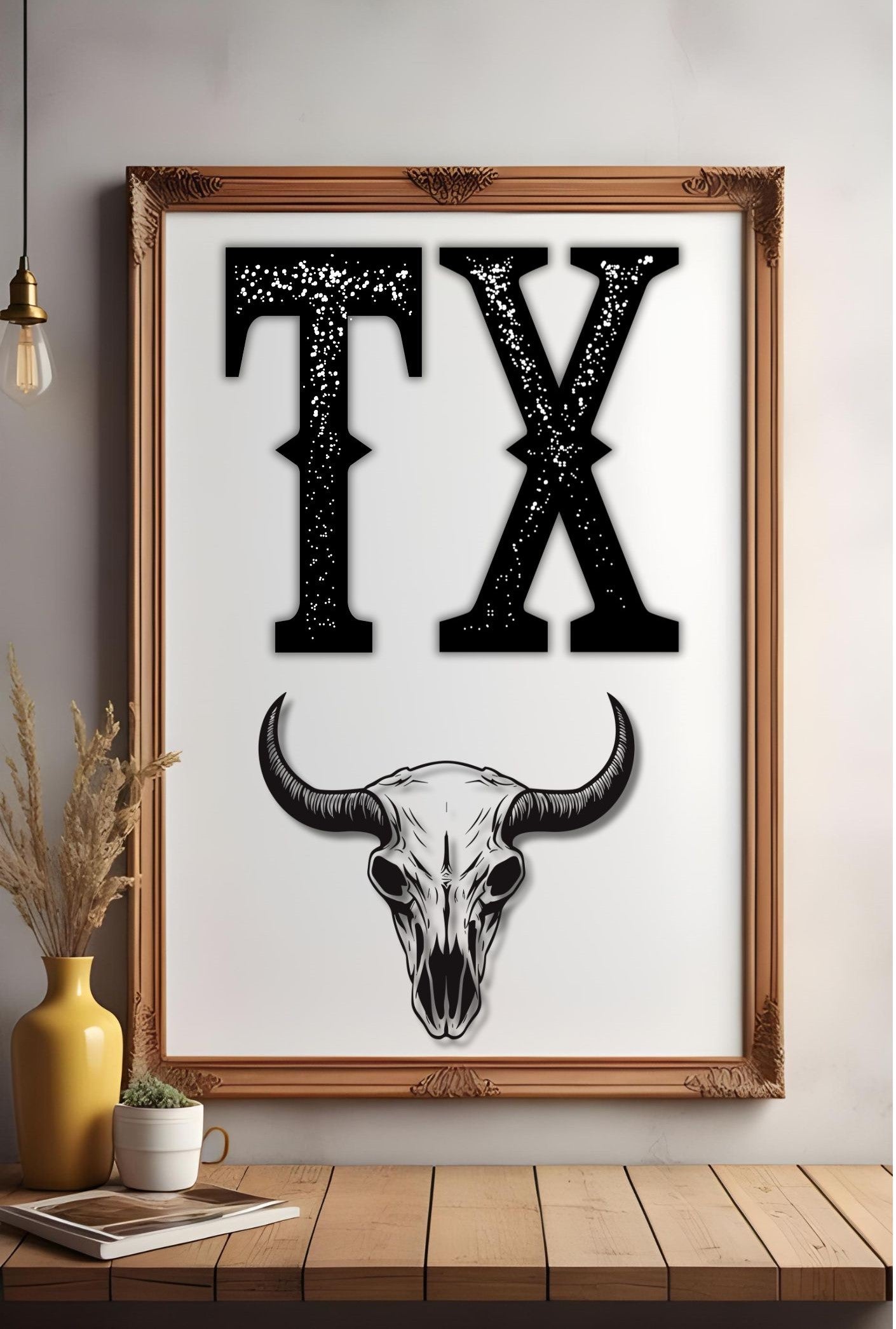 Bold TX Print with Bull Skull – Western Cowboy Wall Art, Texas Rustic Decor, Country Style Printable Poster, Digital Download