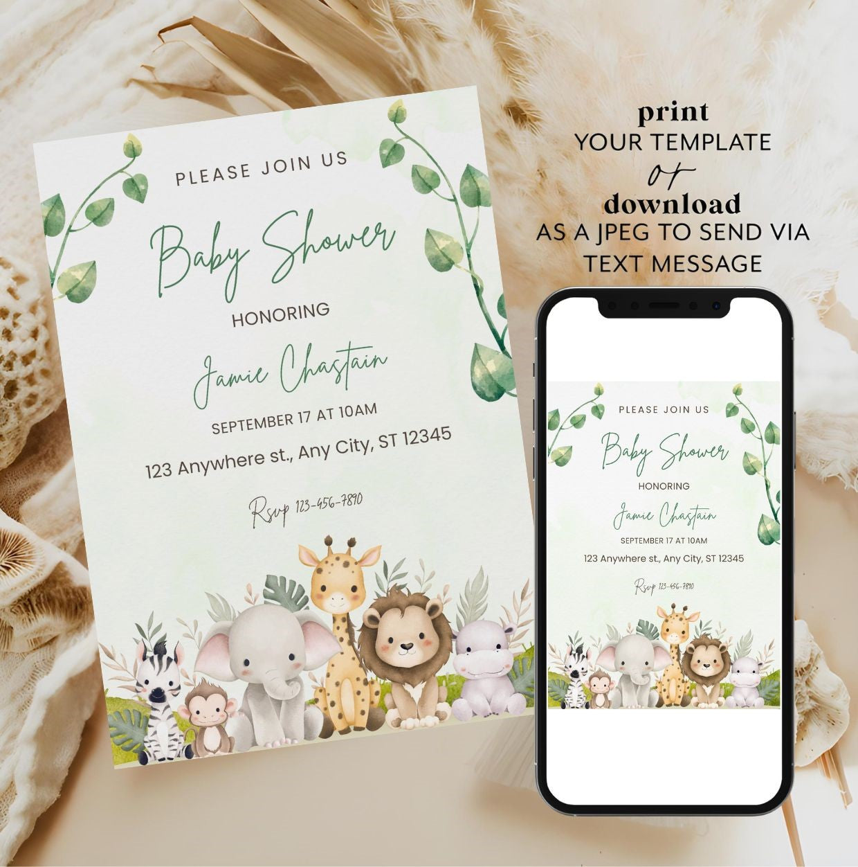 Safari Baby Shower Invitation | Jungle Animals Greenery Invite featuring watercolor animals and greenery on card and phone display.
