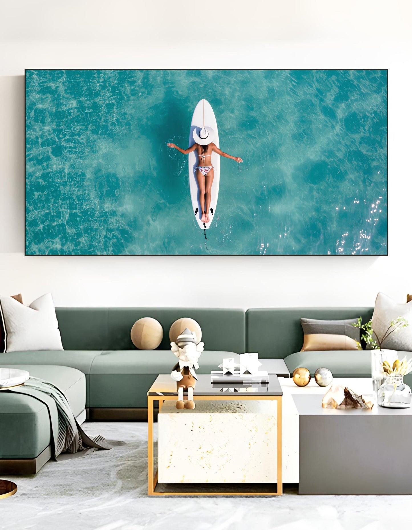 Surfboard Woman Aerial Ocean Print – Minimalist Beach Wall Art in a modern living room setting
