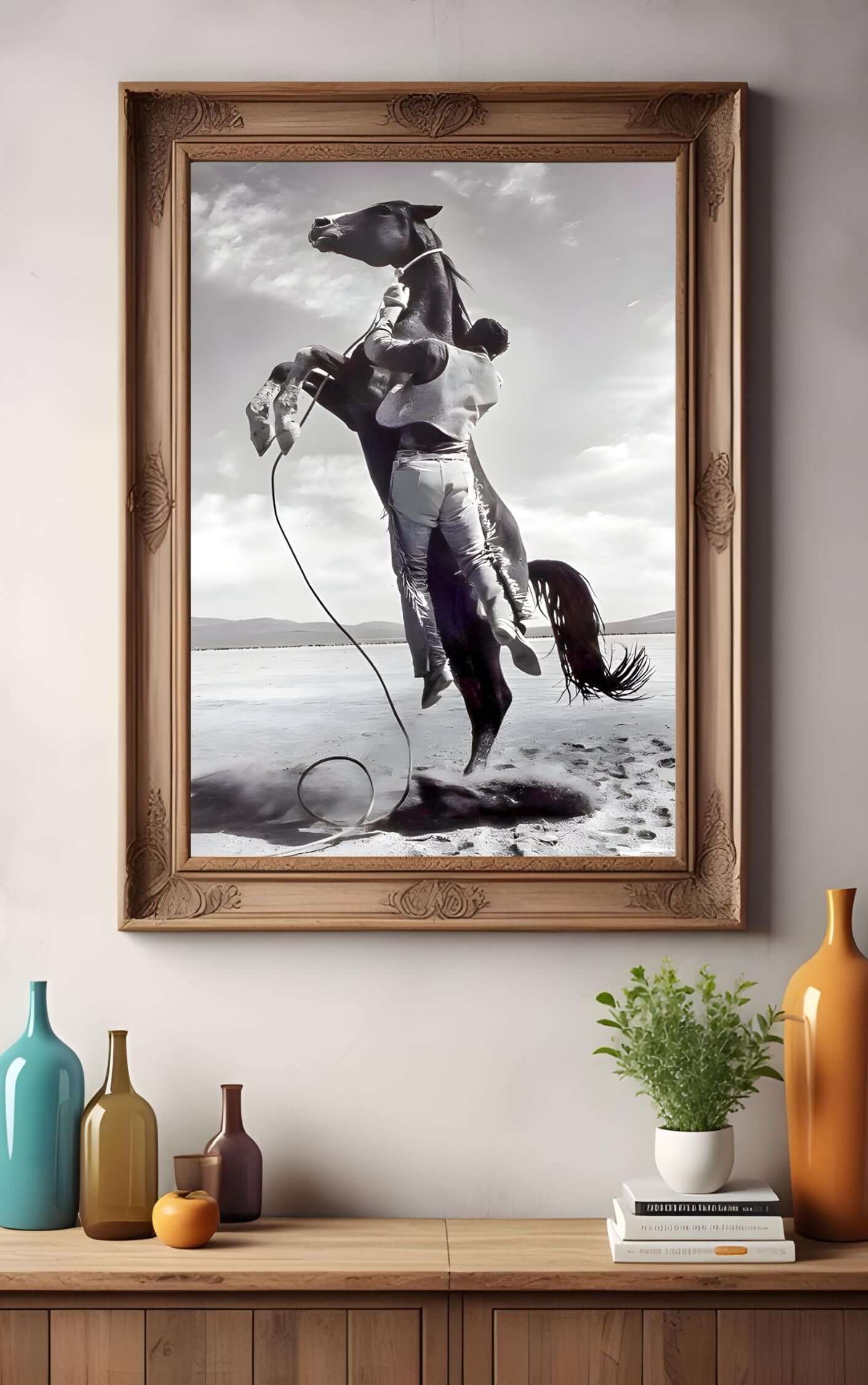 Cowboy Rodeo Wall Art featuring black and white western horse print, perfect for rustic décor and vintage rodeo lovers.