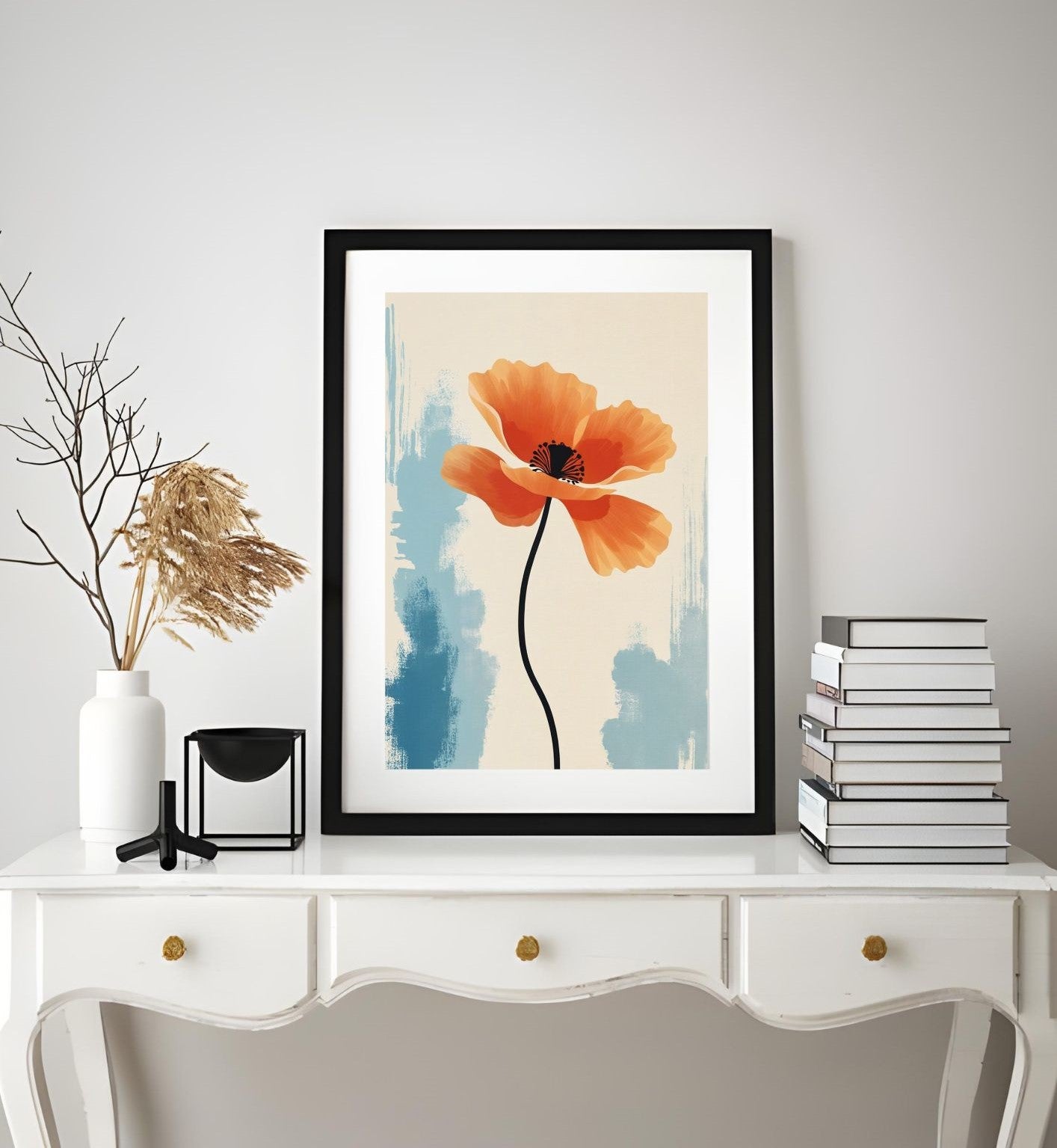Modern Orange Poppy Wall Art – Minimalist Botanical Print for Home Decor – Digital Download