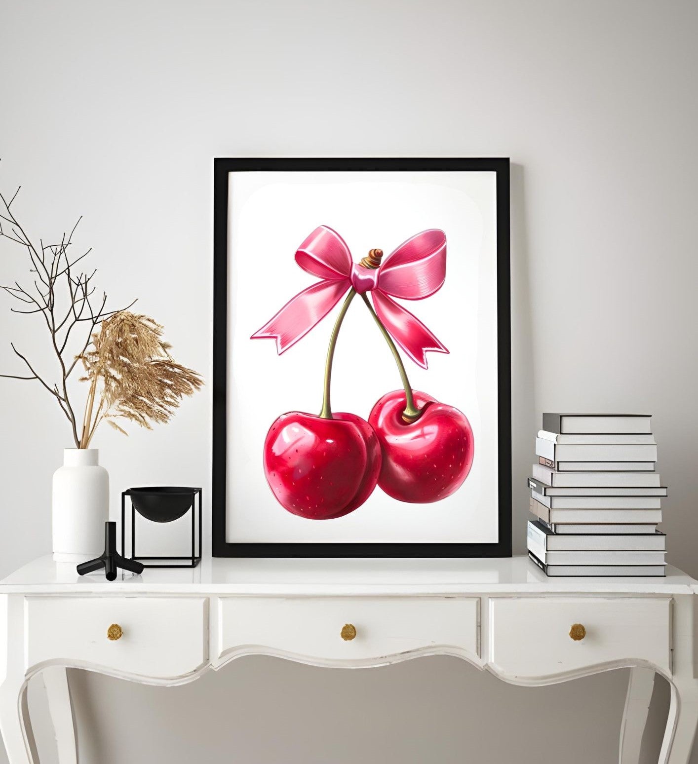 Retro Cherry Wall Art – Cute Pink Bow Kitchen Print – Pop Art Style Poster