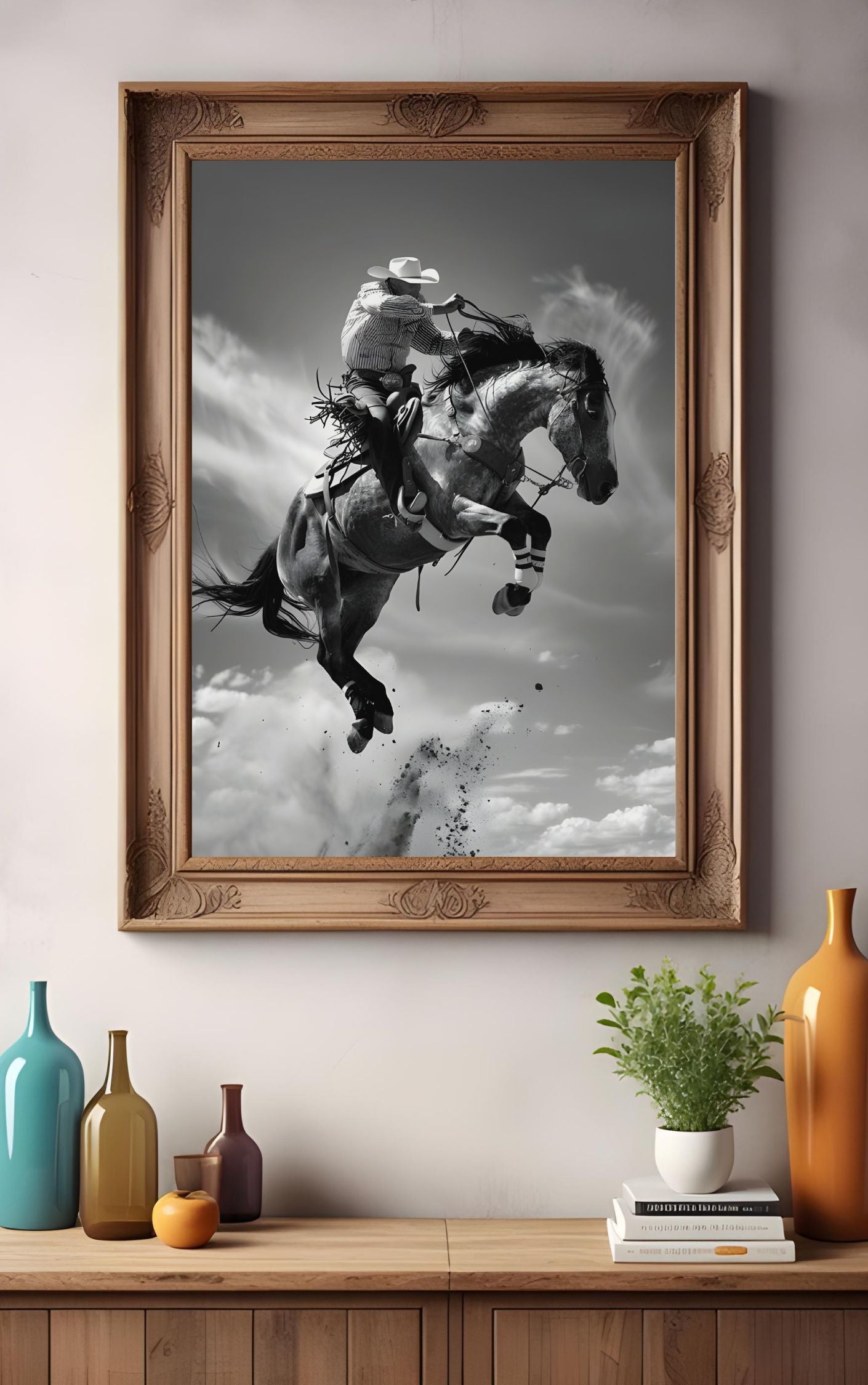 Cowboy Rodeo Wall Art | Black and White Western Horse Print | Rustic Country Decor