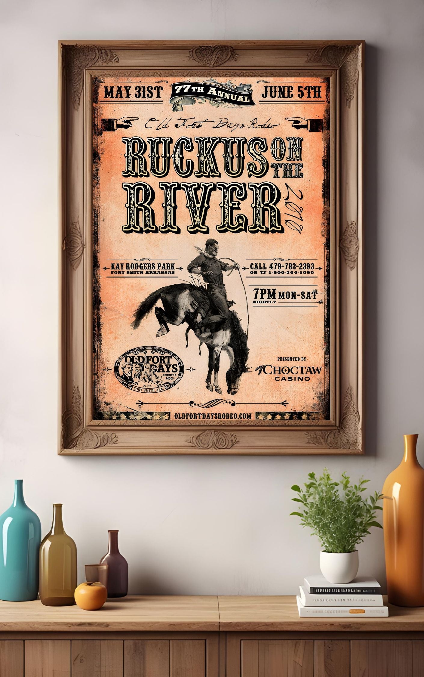 Vintage Rodeo Poster – Ruckus on the River 2010 – Western Cowboy Wall Art for Rustic Home Decor