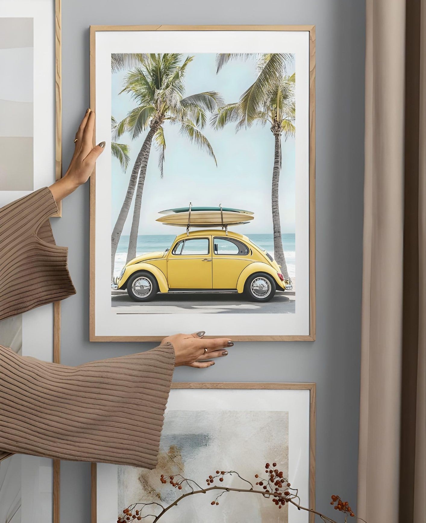 Modern Coastal Wall Art – Yellow VW Beetle with Surfboards – Printable Beach Poster for Summer Decor