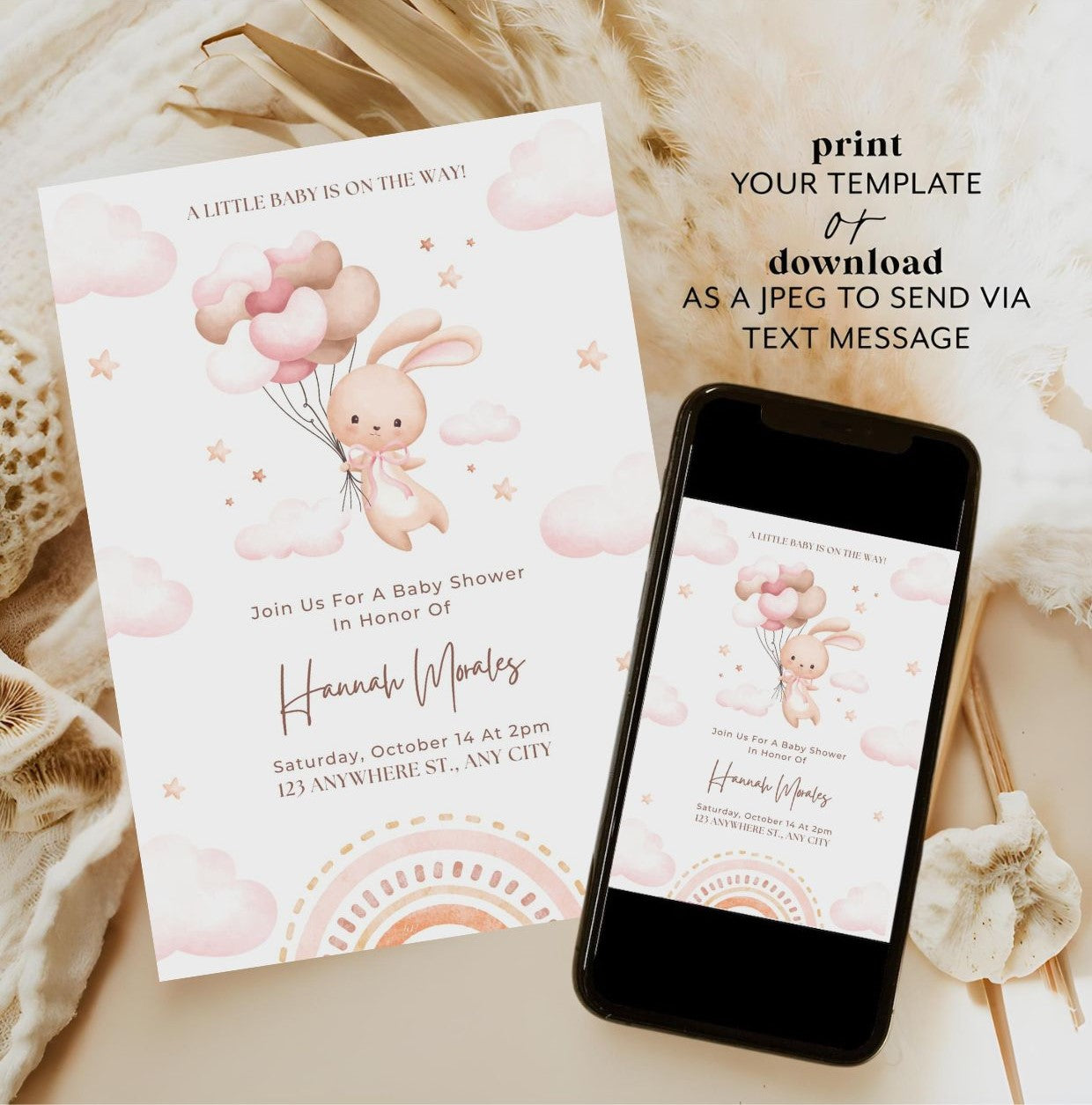 Editable Baby Shower Invitation | Bunny Baby Shower Invite | Pink Balloons Baby Shower Template | Digital Download displayed on phone and card